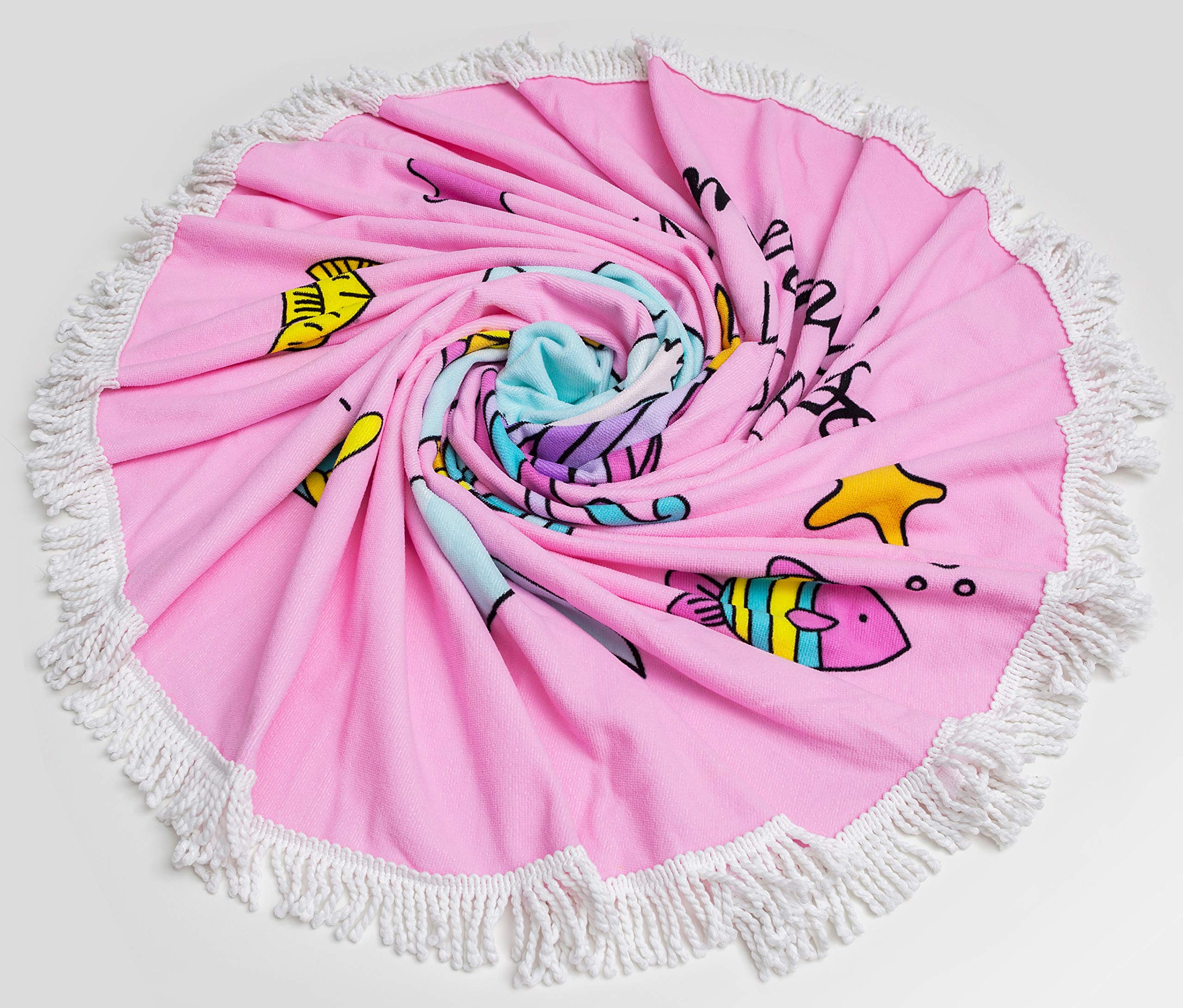 Mermaid Kisses Starfish Wishes 5 ft Round Ultra Soft & Absorbent Microfiber Beach Towel Blanket with Tassels - Perfect for Beach, Pool, Picnic, Yoga & Outdoor Activities