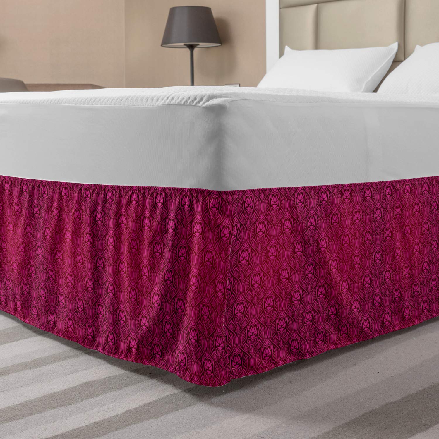 Ambesonne Magenta Bed Skirt - Monochrome Floral Pattern with Leaves, Royal Garden Design Wrap Around Elastic Bedskirt for Queen Size Beds | Perfect for Bedroom Decor, Guest Rooms & Master Suite Styling