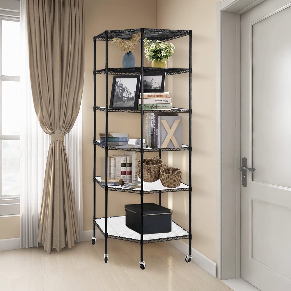 6-Tier Adjustable Corner Shelf with Wheels - Heavy Duty Metal Wire Storage Rack for Kitchen, Bathroom, Laundry, Pantry & Closet Organization (27