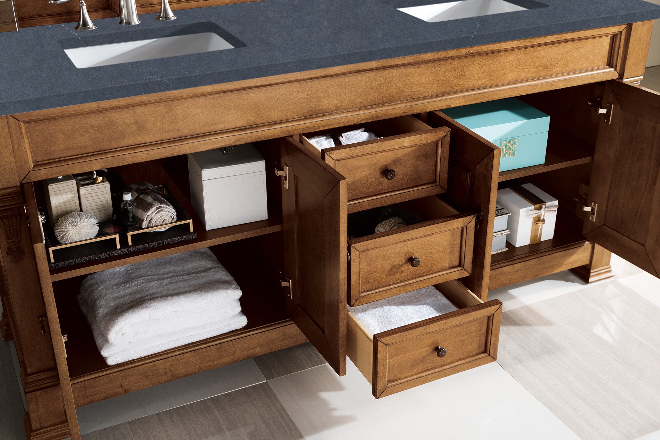 Brookfield 72-Inch Double Bathroom Vanity with Country Oak Finish & 3CM Charcoal Soapstone Quartz Countertop - Perfect for Master Bathroom Renovation and Modern Home Upgrade