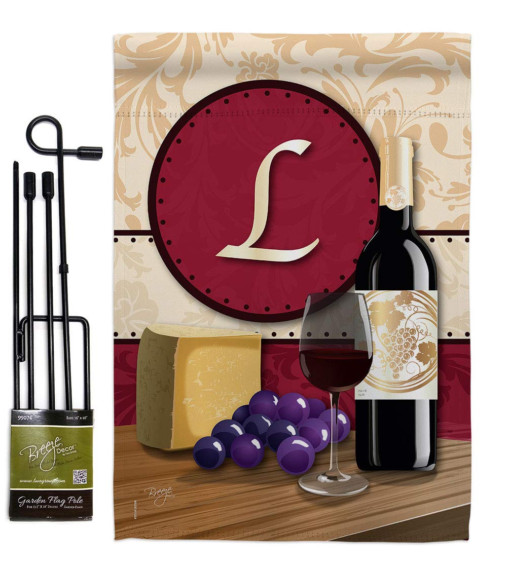 Breeze Decor Wine L Garden Flag Set - Monogram Beverage & Cheese Banner for Yard Decor