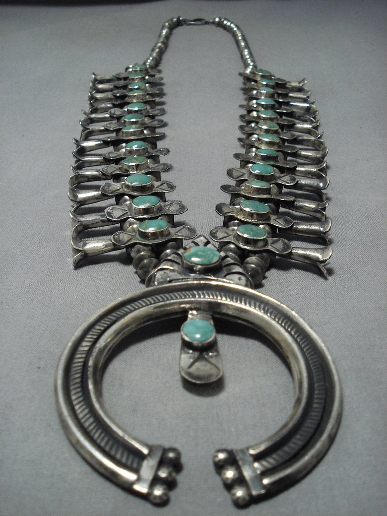 1940's Vintage Native American Jewelry Navajo Green Turquoise Sterling Silver Squash Blossom Necklace