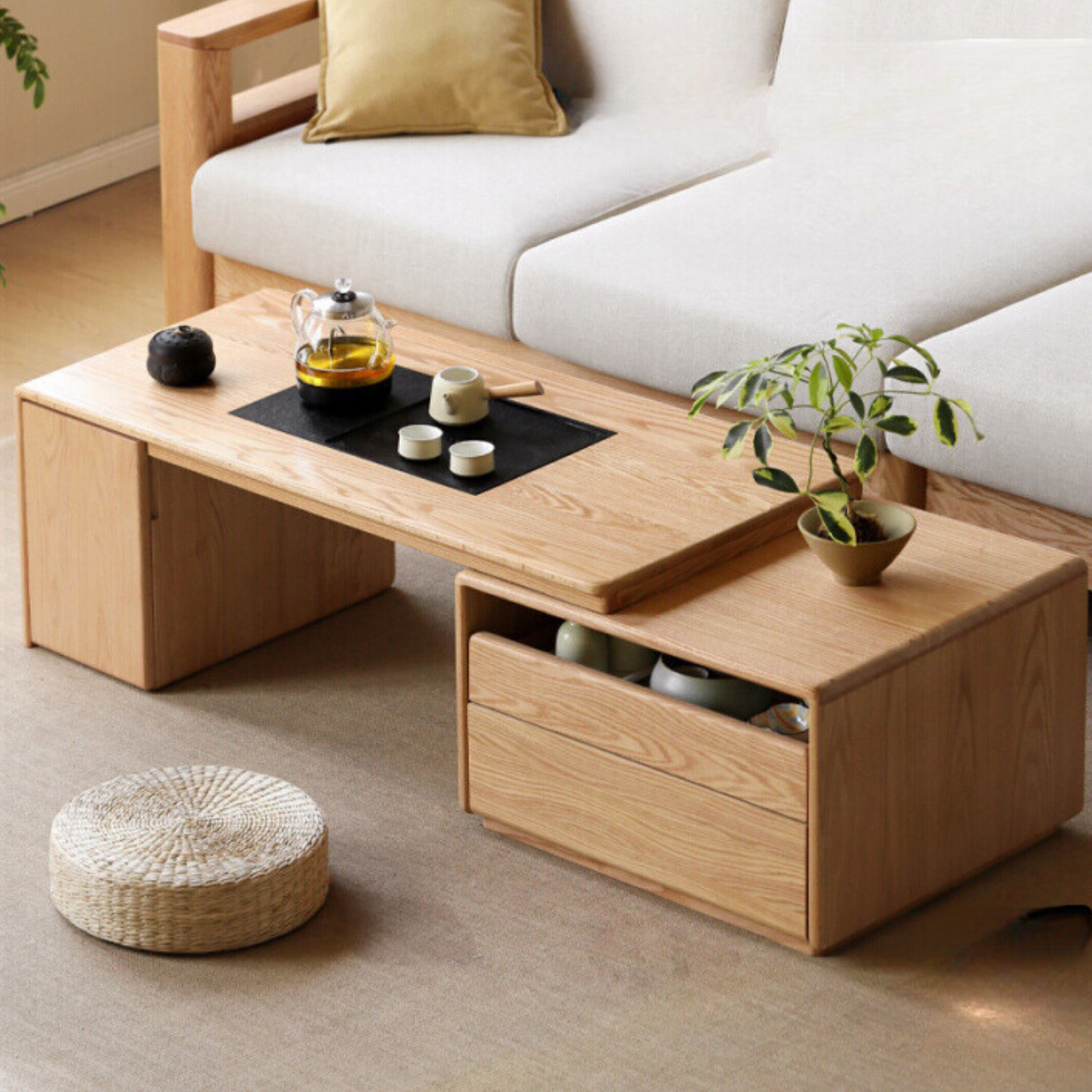 Solid Oak Wood Extendable Modern Coffee Table - Perfect for Living Room, Lounge, and Small Spaces