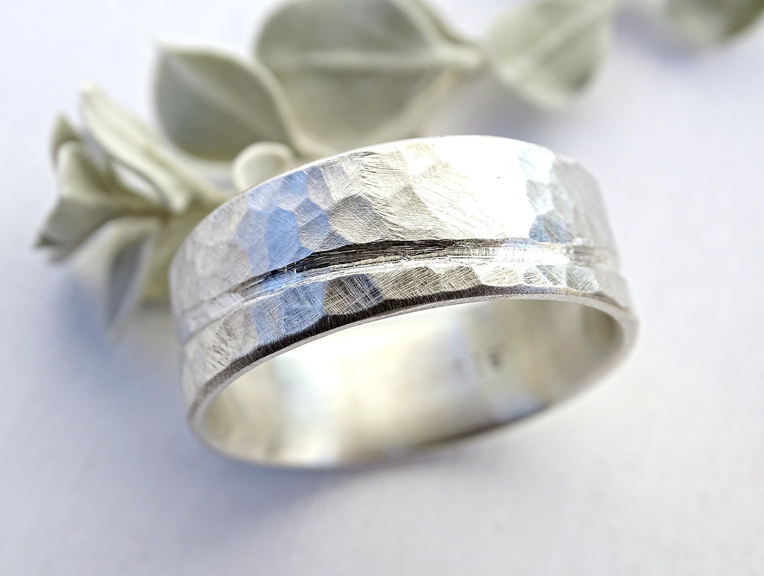 Rustic Wave Silver Ring for Men - Ocean Inspired Hammered Wedding Band - Unique Wide Mens Ring for Beach Weddings & Everyday Wear