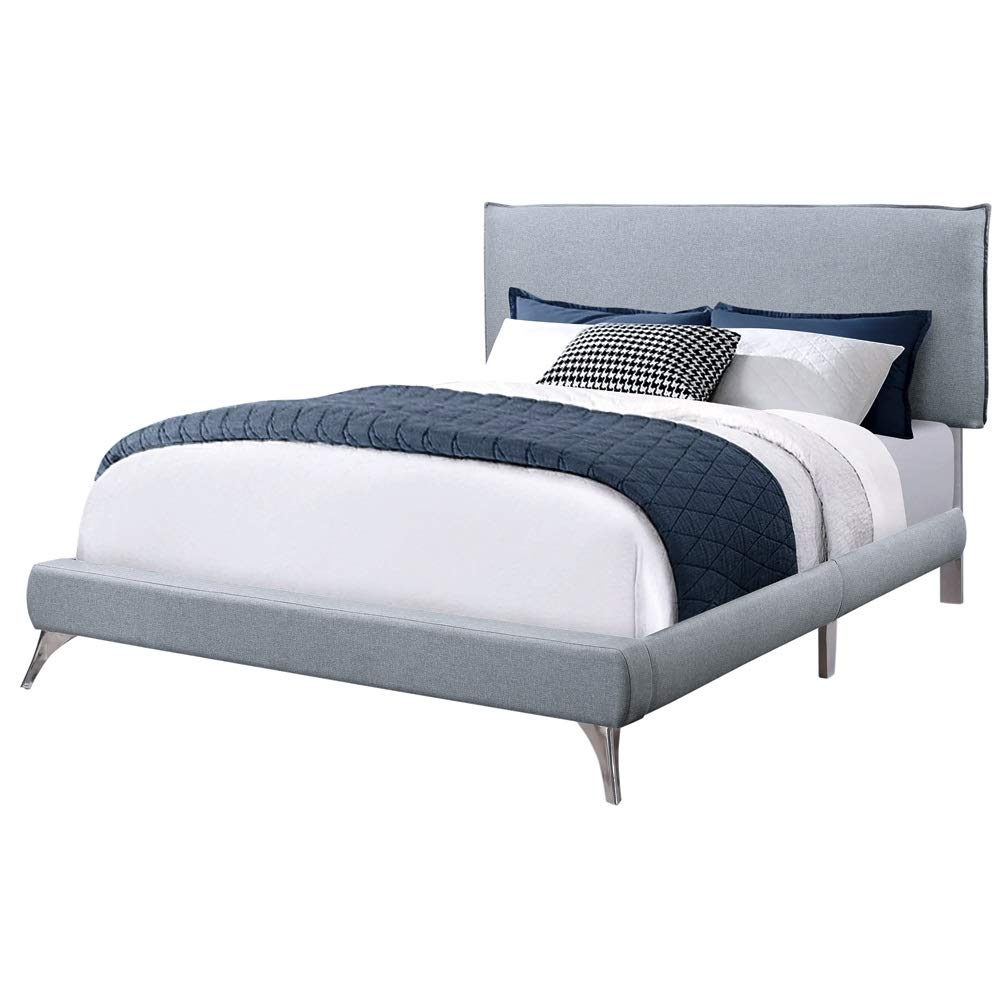 Queen Size Modern Upholstered Bed Frame with Padded Headboard & Chrome Legs - Grey Linen Fabric - Stylish Bedroom Furniture for Master Bedroom, Guest Room or Apartment