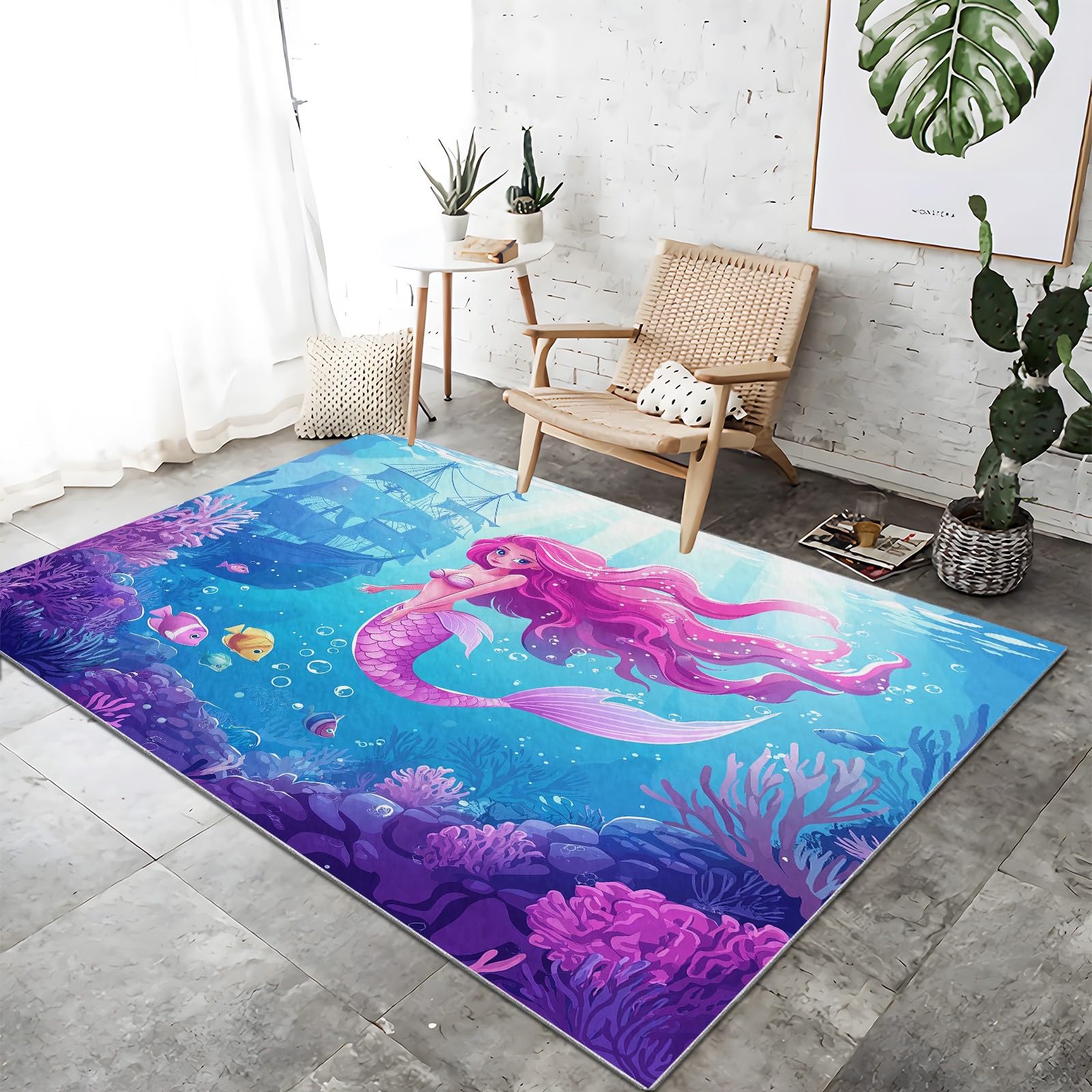 5x7 ft Cartoon Fish Coral & Shipwreck Non-Slip Area Rug - Soft Washable Indoor Living Room Carpet for Bedroom, Dining Room, Playroom & Nursery - Perfect for Coastal Themed Home Decor & Kids Room Floor Mat