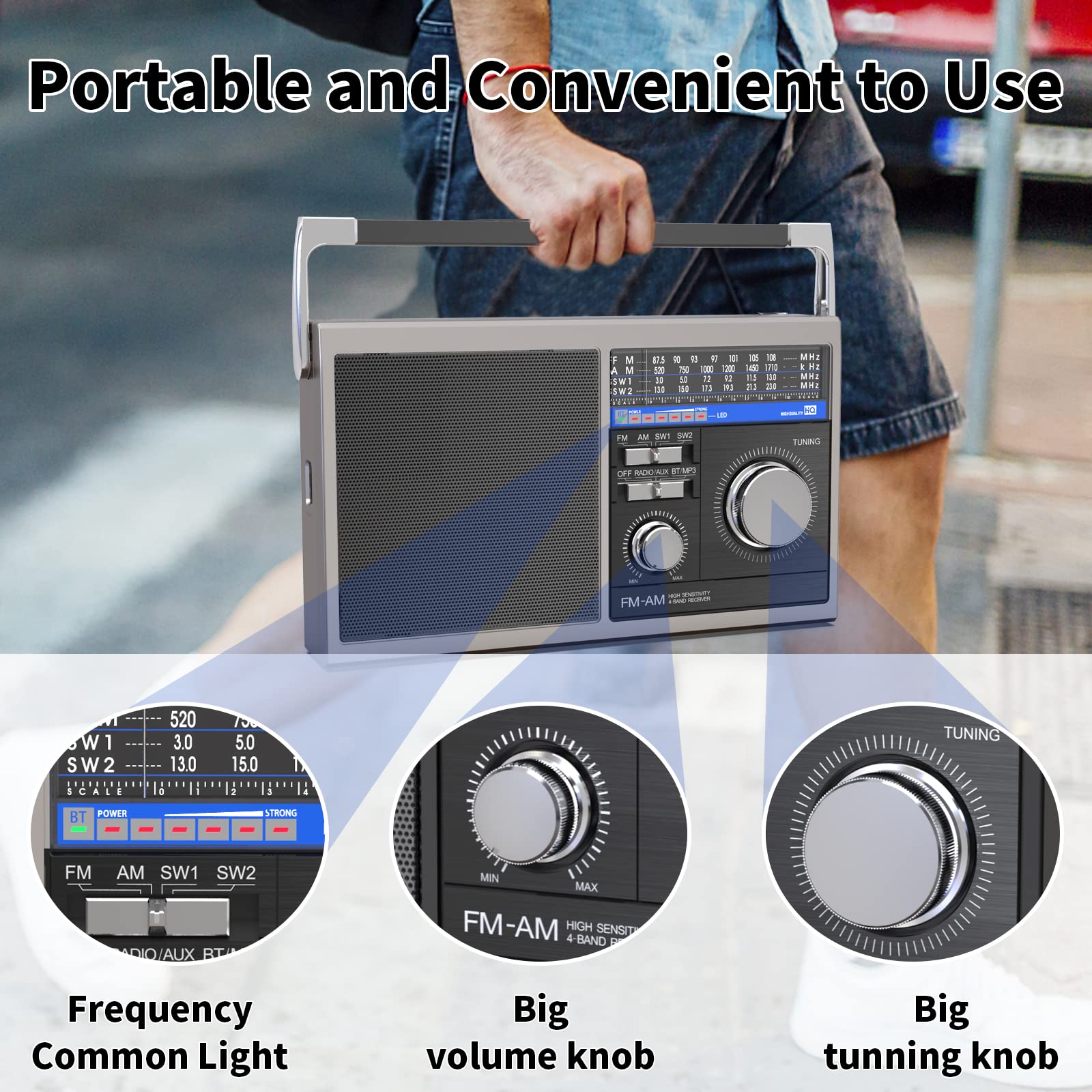Portable AM FM Shortwave Radio with Bluetooth Speaker - Best Reception, Battery or AC Powered, Earphone Jack, USB/TF/AUX Input - Perfect for Seniors, Travel, Emergency & Outdoor Use (Gray)