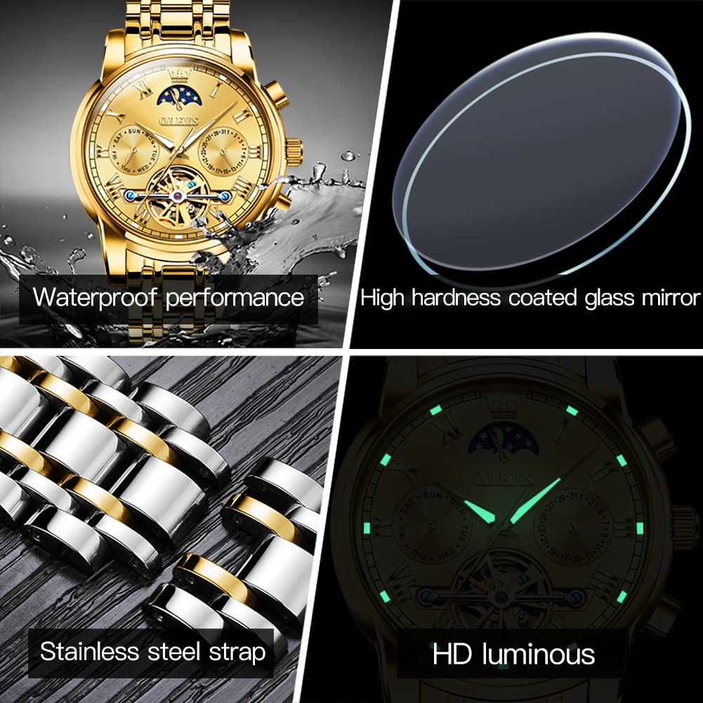 OLEVS Men's Automatic Mechanical Tourbillon Watch - Self-Winding Luxury Stainless Steel Waterproof Wristwatch with Luminous Hands & Date Display | Perfect for Business, Formal Events & Everyday Wear