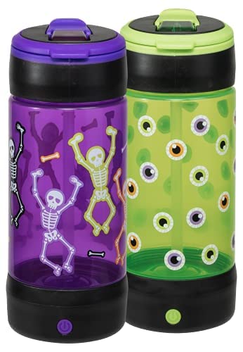 COOL GEAR 2-Pack 16 oz Light Up Water Bottles - Glow in The Dark Eyeball & Skeleton Design for Halloween, Parties, Sports & Outdoor Activities