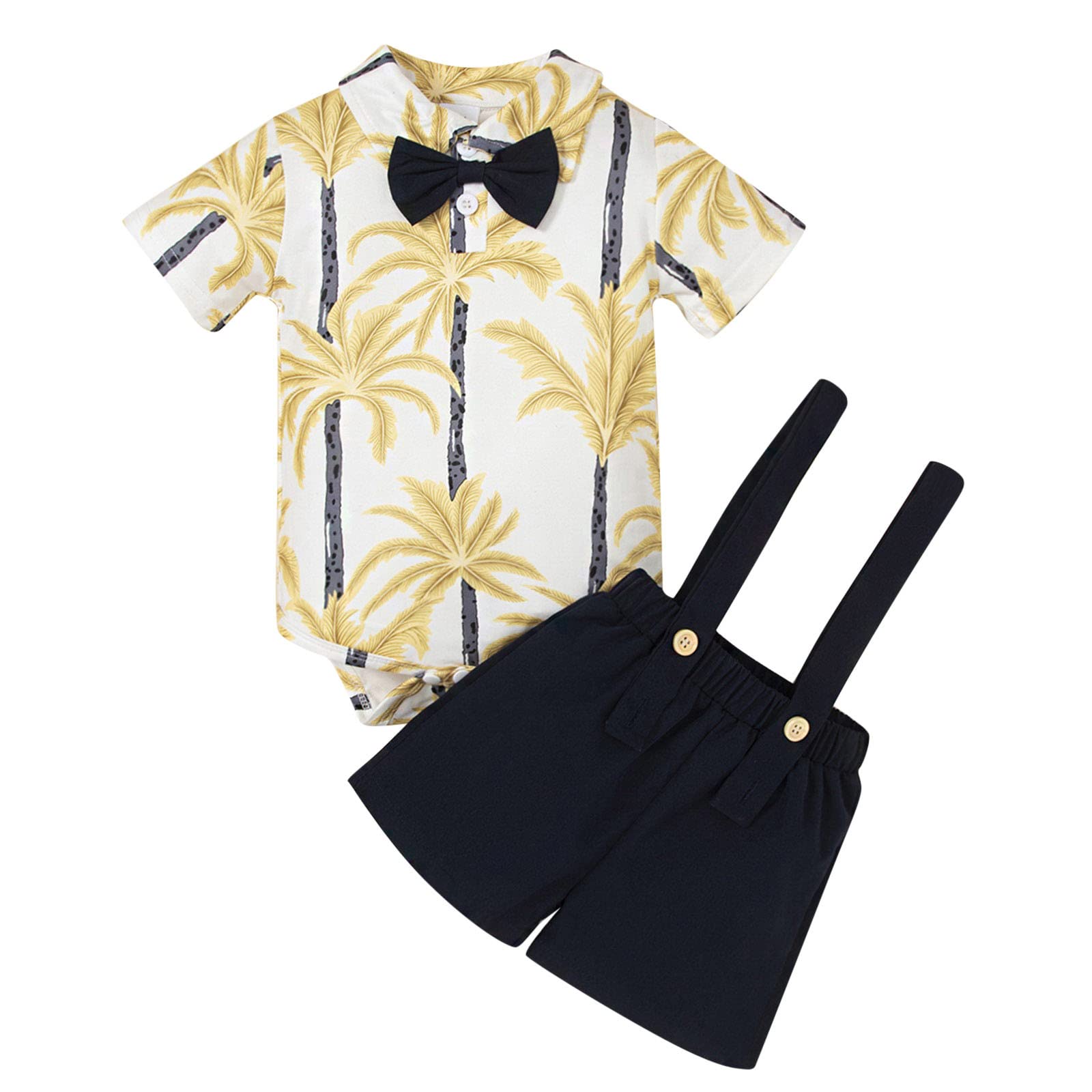 Lykmera Baby Boy Outfits - Cute Coconut Tree Print Romper & Shorts Set with Bow Tie | Soft Cotton Short Sleeve Infant Clothes for Summer Playdates & Beach Vacations