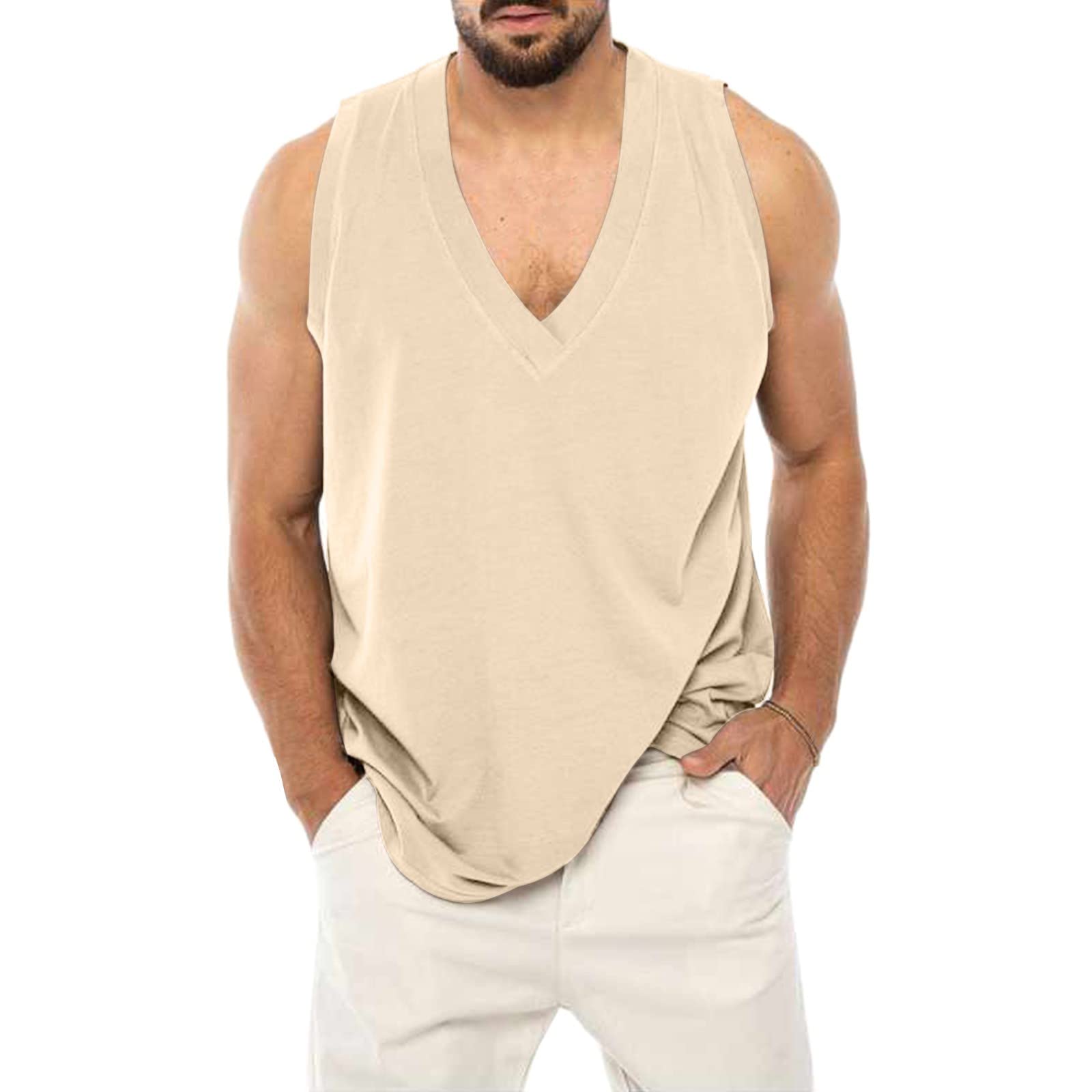 PHSHY Men's Sleeveless Cotton Linen Tank Top - Deep V Neck Casual Solid Summer Shirt for Beach, Gym & Workout | Breathable Muscle Tee for Outdoor Activities & Sports