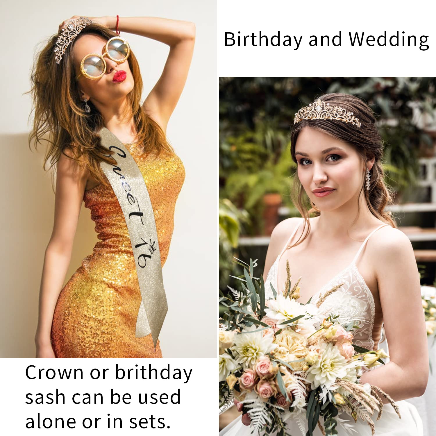 Gold Sweet 16 Birthday Tiara & Sash Set - Elegant 16th Birthday Crown for Women & Girls - Perfect Sweet 16 Party Decorations & Gifts - Great for Birthday Celebrations, Quinceañeras, and Special Milestone Events