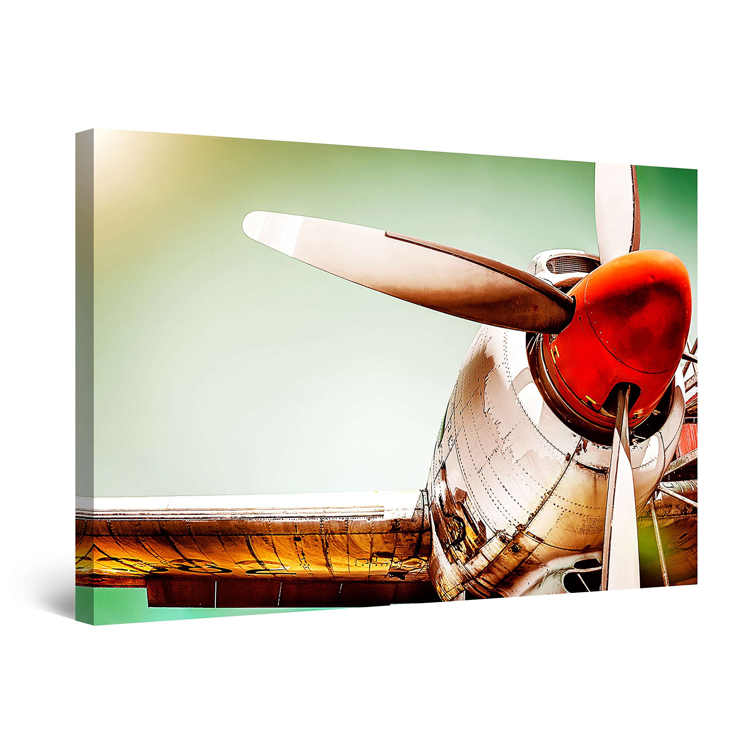 Startonight Luminous Golden Plane with Red Propeller Canvas Wall Art - 32x48 Inch Framed Modern Painting for Living Room, Bedroom & Office Decor - Contemporary Home Wall Artwork for Aviation Enthusiasts & Interior Design