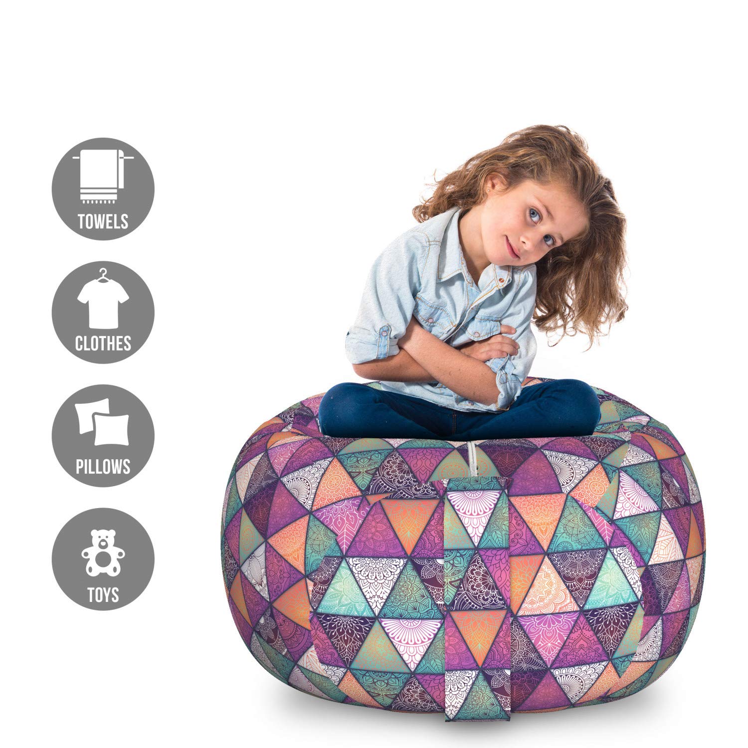 Ambesonne Large Washable Toy Storage Bag Chair - Ethnic Floral Patchwork Design with Geometric Triangles, Stuffed Animal Organizer for Kids' Room Decor | Perfect for Playroom, Bedroom & Nursery Organization