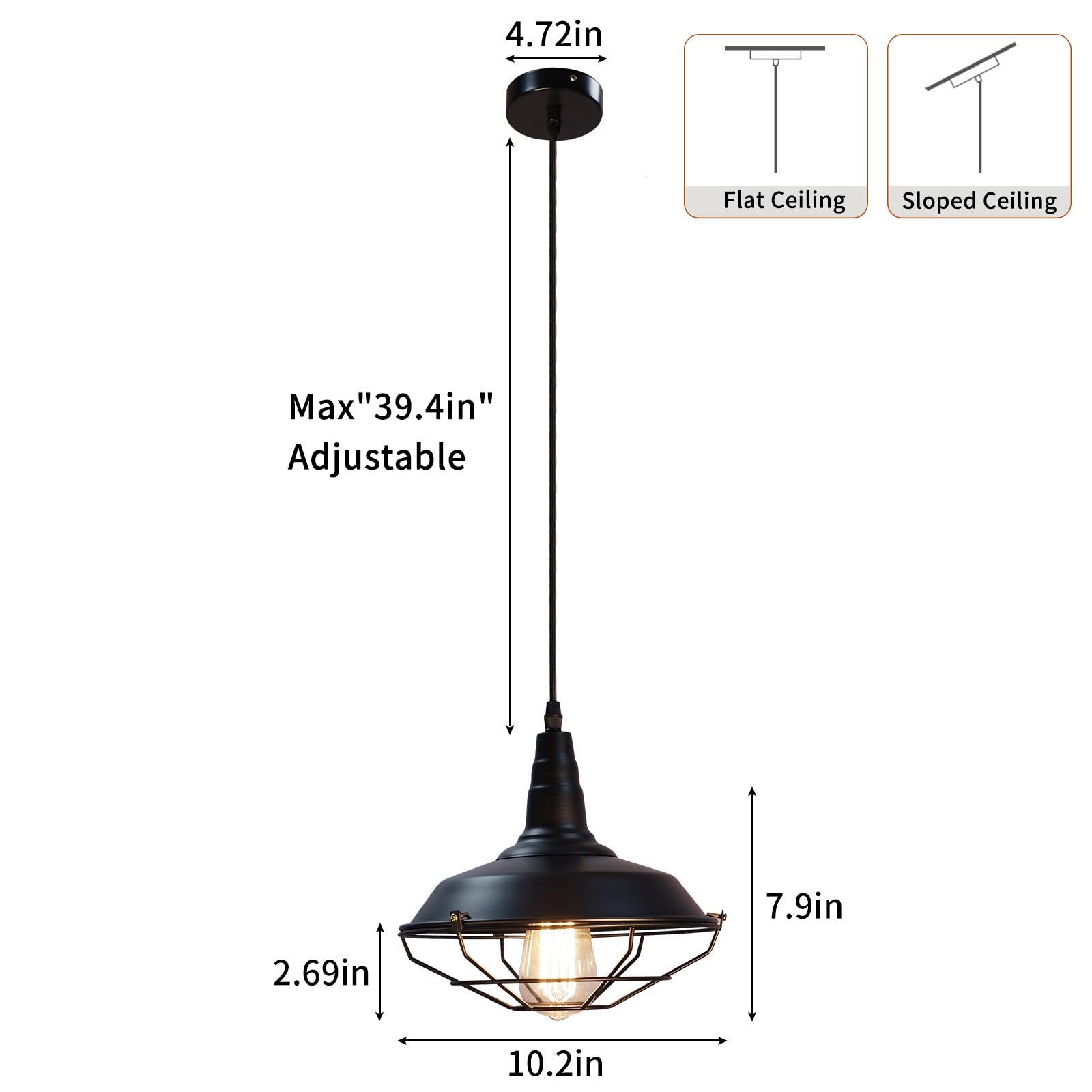 Farmhouse Pendant Light 3 Pack - 10.5 Inch Black Industrial Hanging Lights for Kitchen Island, Dining Room, Office & Bedroom | Rustic Ceiling Fixture for Modern Home Decor
