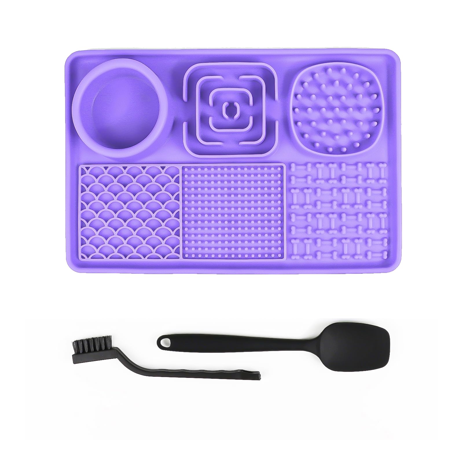 Premium Food-Grade Silicone Lick Mat for Dogs & Cats - Non-Slip Suction Cup Pet Anxiety Relief Pad with Peanut Butter - Includes 1 Spatula & 1 Brush (Purple) - Perfect for Slow Feeding, Grooming & Stress Relief
