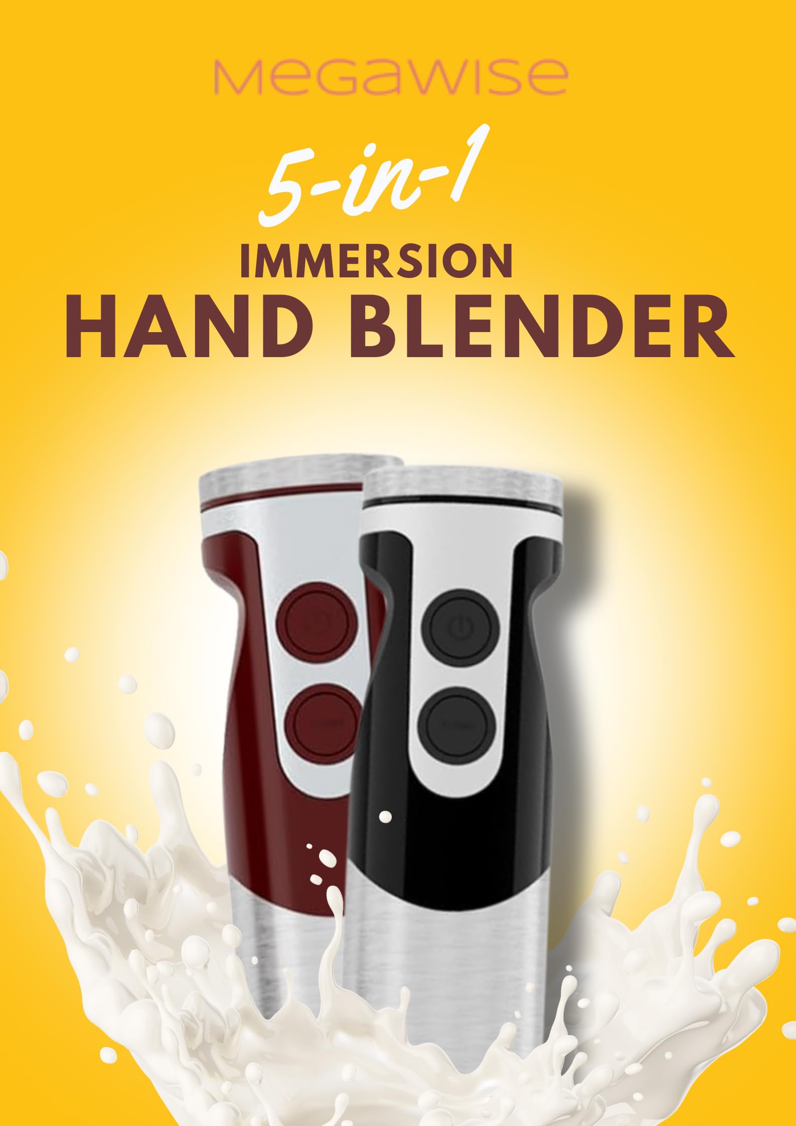 MegaWise 400W 5-in-1 Immersion Hand Blender Set with Variable Speed Control - Includes Whisk, Milk Frother, Food Chopper & Mixing Beaker - Perfect for Smoothies, Soups, Baby Food & Baking - Red Kitchen Blender for Home Cooking & Meal Prep