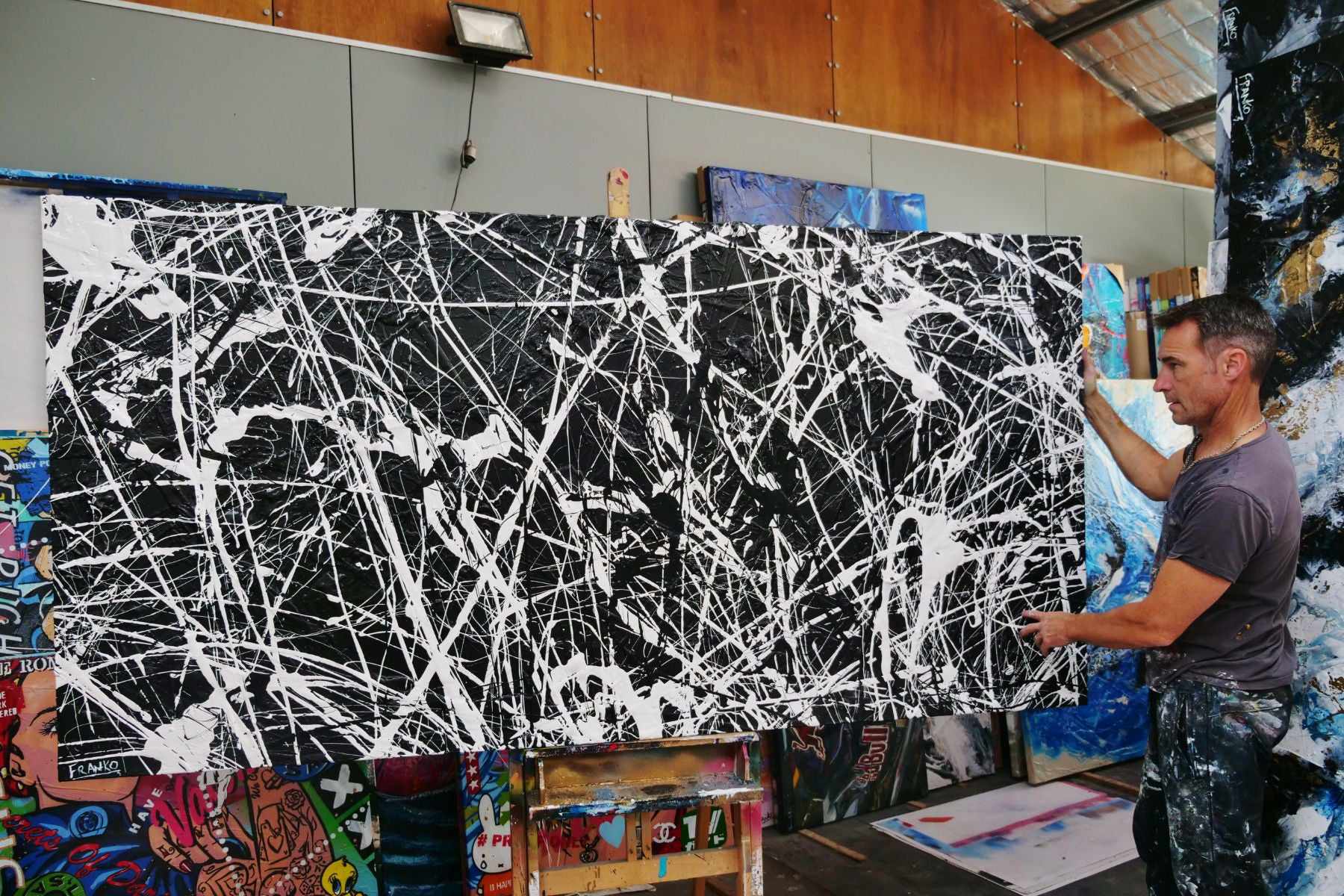 Brain Scatter 240cm x 120cm Black White Textured Abstract Canvas Art - Modern Wall Decor for Living Room, Bedroom & Office