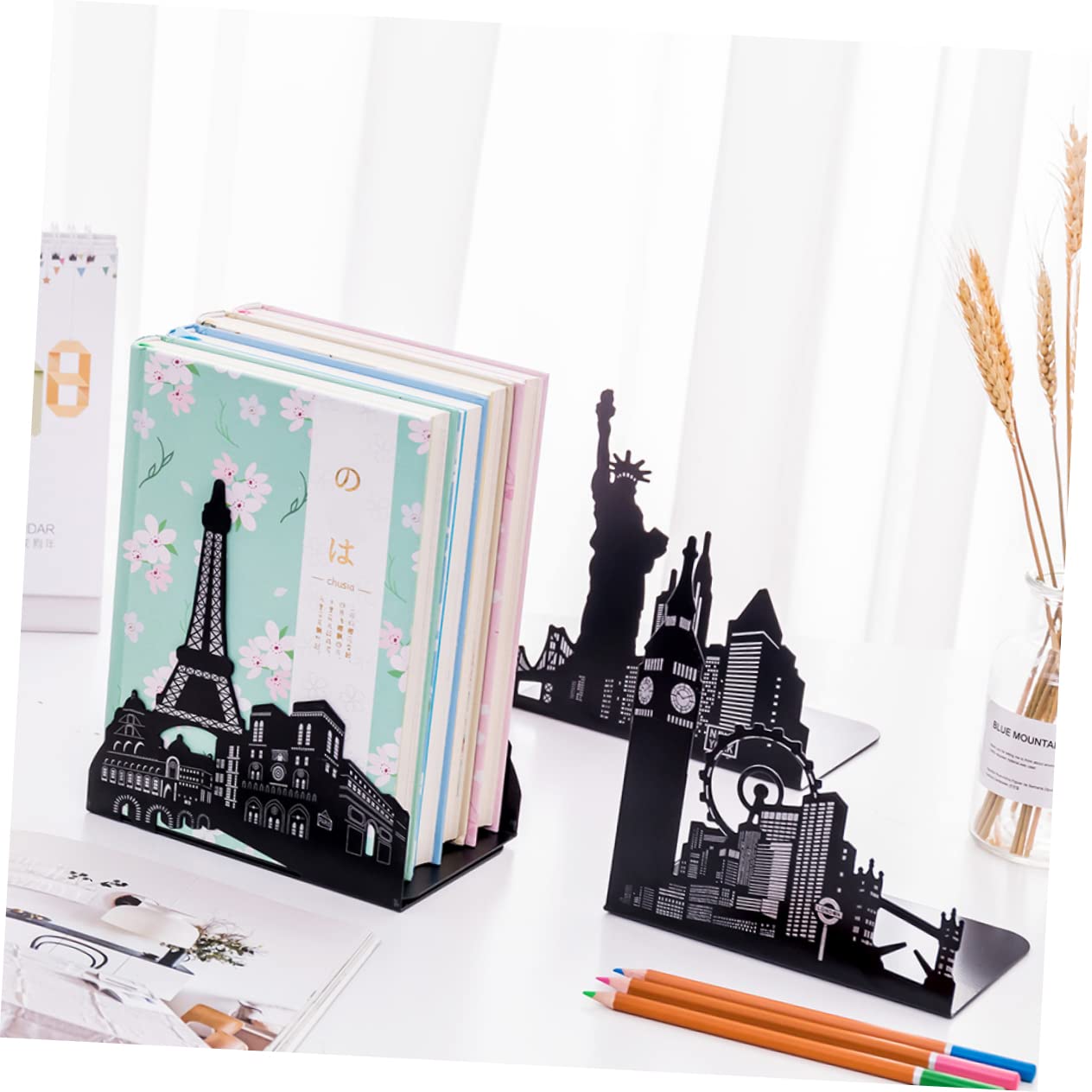 3 Pairs Creative Gold Bookends for Kids - Decorative Book Stoppers, Book Stand & Shelf Organizer for Student Books, Home Office & Classroom Decor
