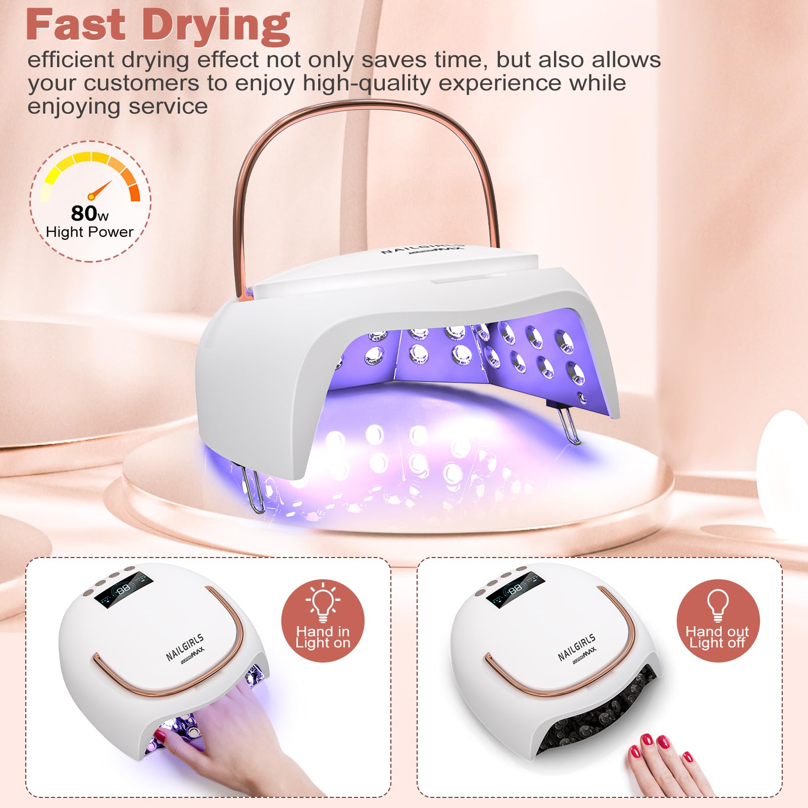 NAILGIRLS 80W Cordless UV Nail Lamp, Rechargeable Gel Polish Dryer with Auto Sensor & LCD Display, 4 Timer Settings, Fast Curing Light for Professional Salon & Home Manicure