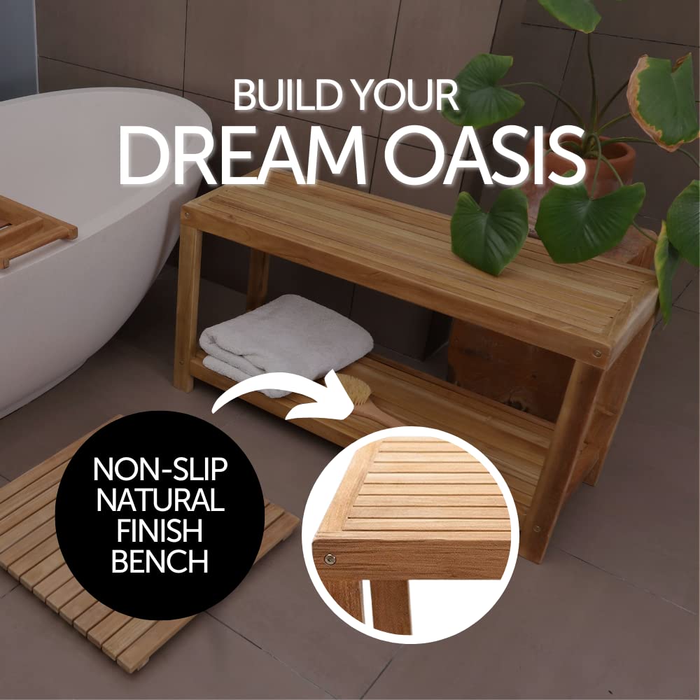 Premium Nordic Style Teak Wood Shower Stool & Spa Bench with Storage Shelf | Indoor/Outdoor Waterproof Teakwood Bath Seat | Natural Finish 35