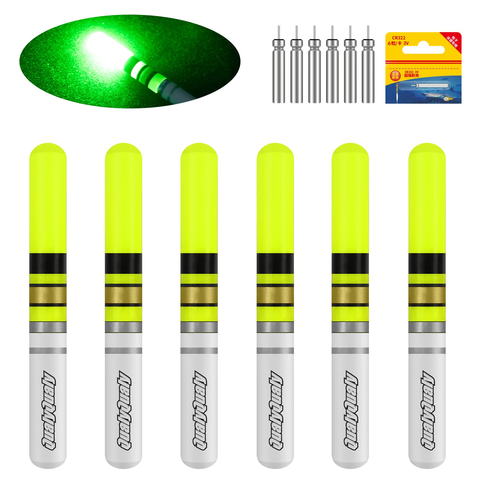 QualyQualy 6-Pack LED Fishing Glow Sticks with Batteries - Waterproof Night Fishing Lights for Bobbers, Floats & Rod Tips - Perfect for Night Fishing, Camping & Emergency Lighting