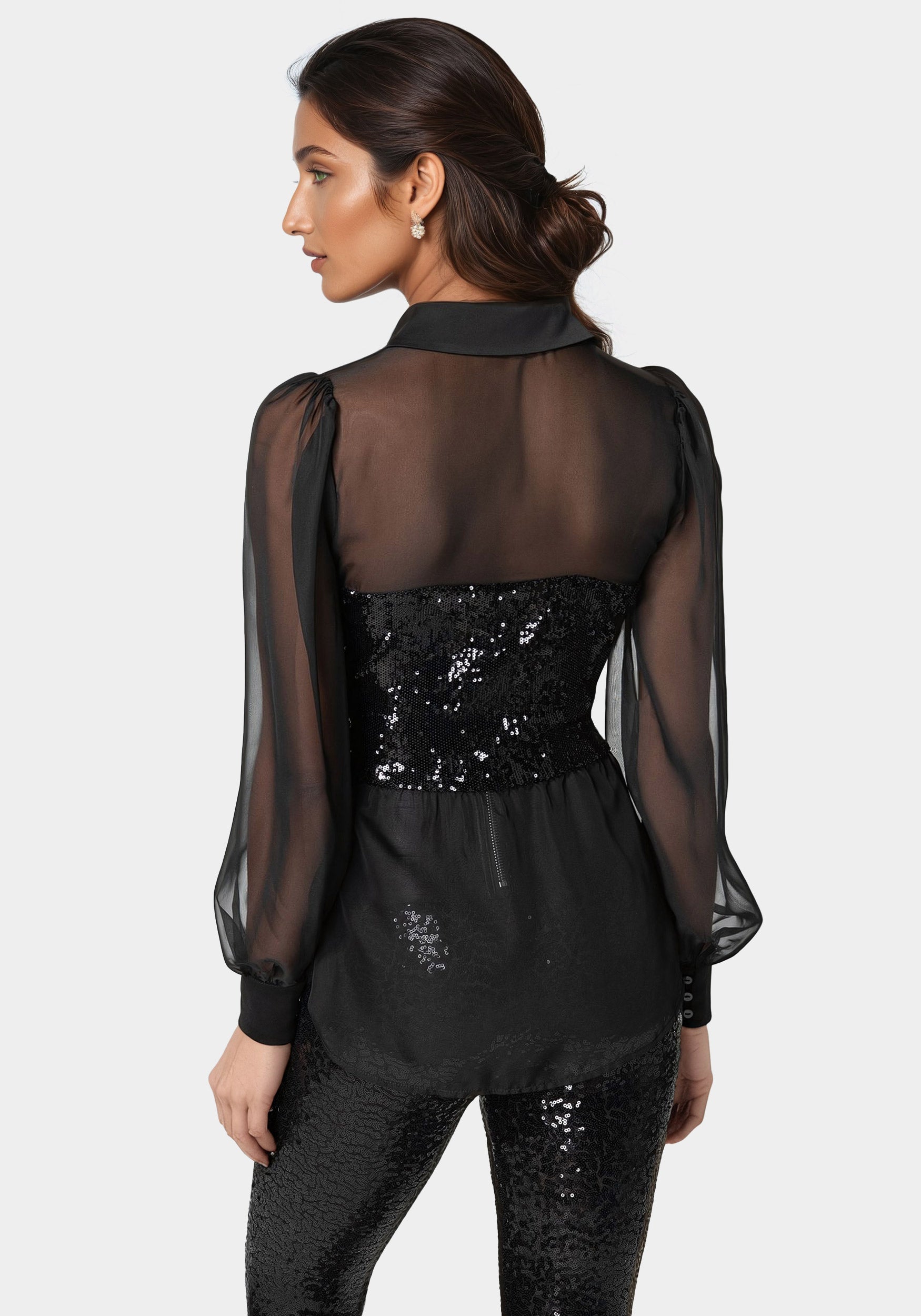 Sparkly Sequin Chiffon Blouse for Women - Elegant Party Top with V-Neck & Long Sleeves | Perfect for Night Out, Date Night, and Special Occasions