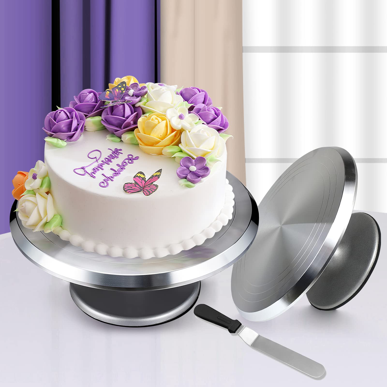 12 Inch Heavy Duty Aluminum Cake Stand Turntable - Rotating Cake Decorating Kit with Icing Spatula & 2 Smoother Combs for Professional Baking, Cake Display, and Dessert Presentation