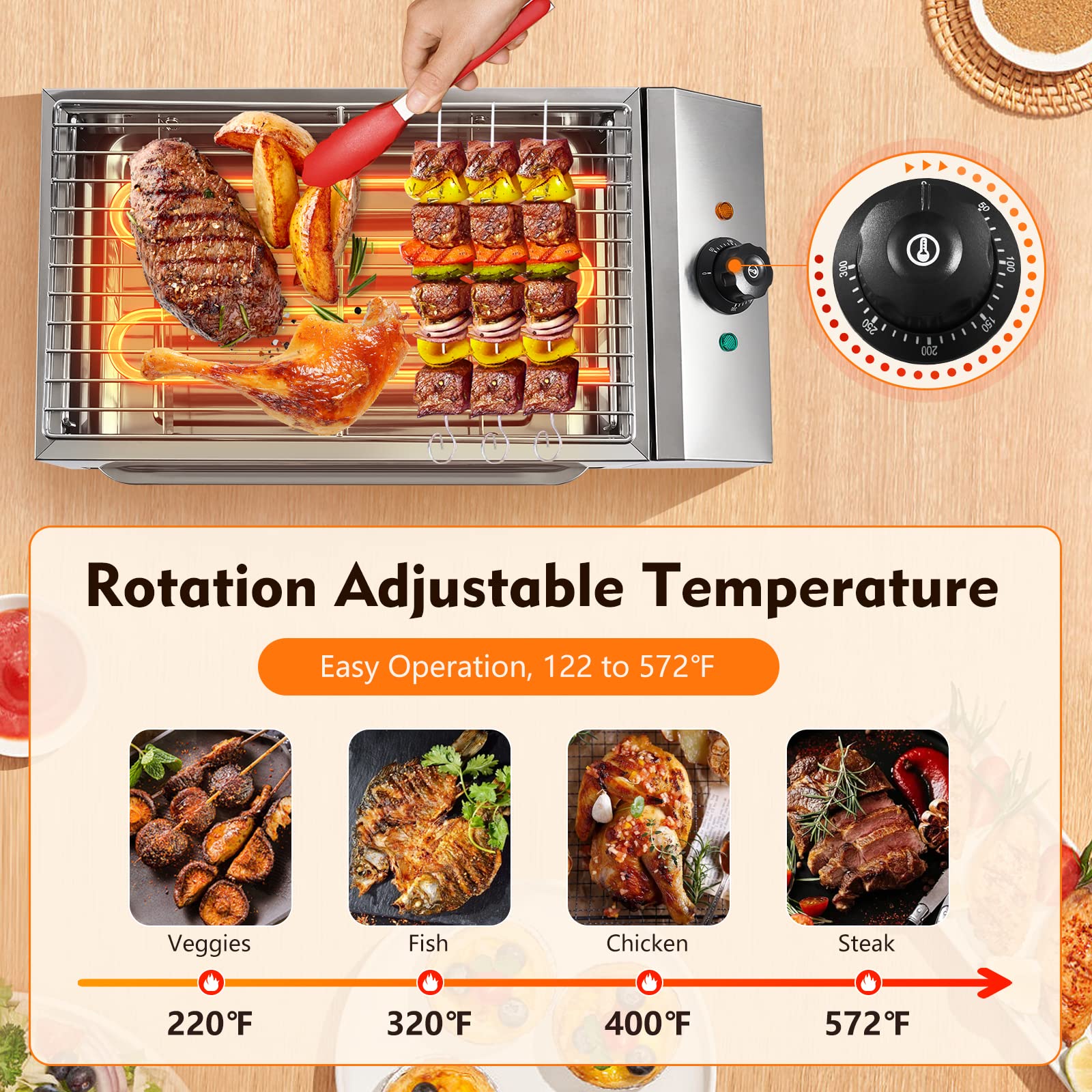 1800W Electric Grill for Outdoor & Indoor Cooking - Stainless Steel BBQ Grill with Smokeless Griddle, Extra-Large Drip Tray & Temperature Control (122-572°F) | Perfect for Backyard Parties, Camping & Restaurant Use