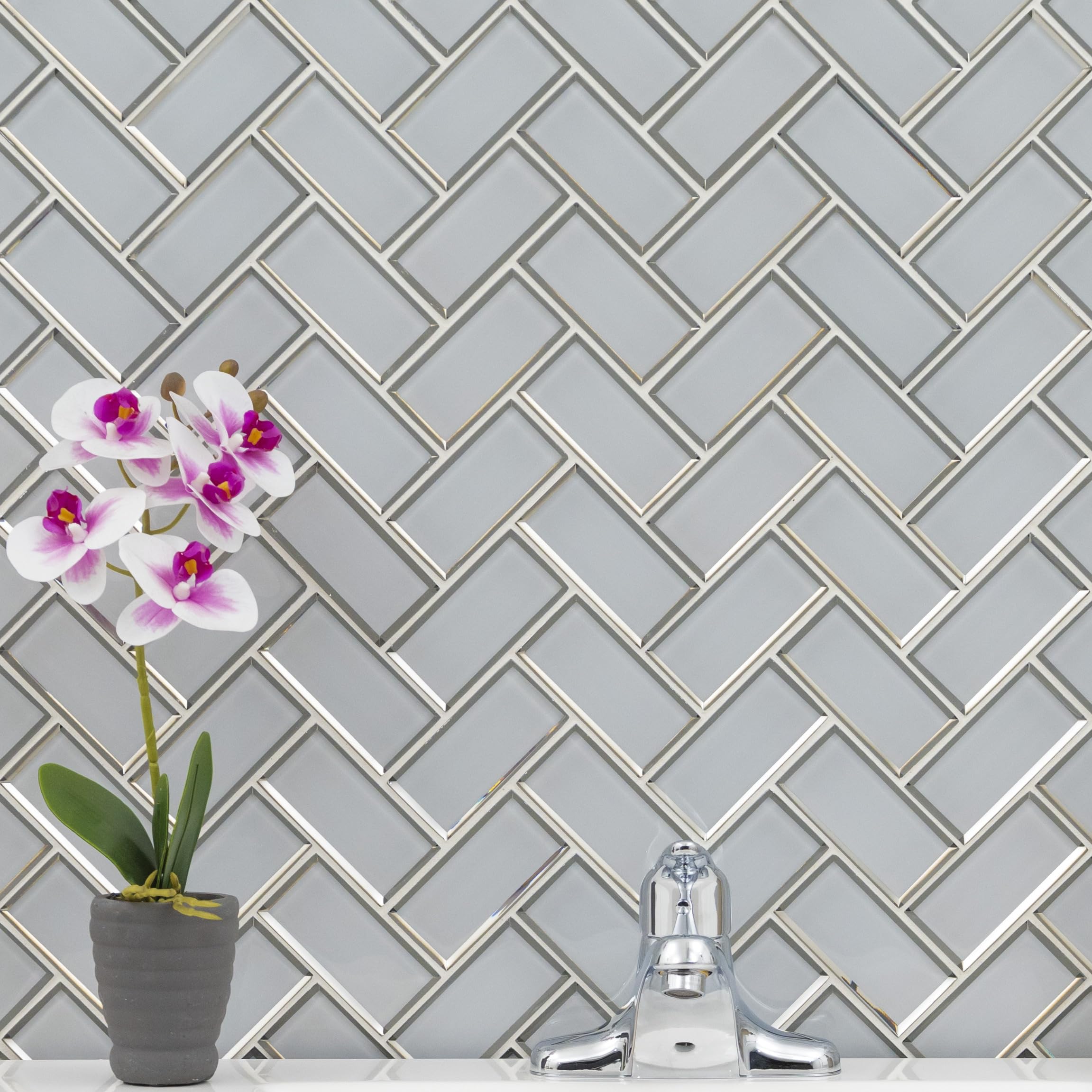 MSI Ice Bevel Herringbone Glass Mosaic Tile 13.86