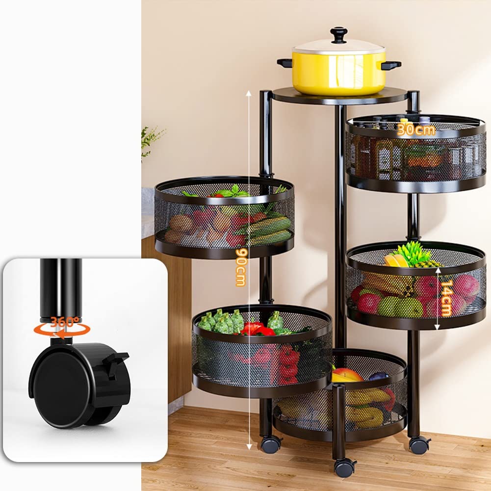 360° Rotating Multi-Layer Kitchen Storage Shelf - Round Fruit & Vegetable Basket Organizer with Wheels for Kitchen, Bedroom, Bathroom | Space-Saving Home Storage Solution for Small Spaces & Pantry Organization