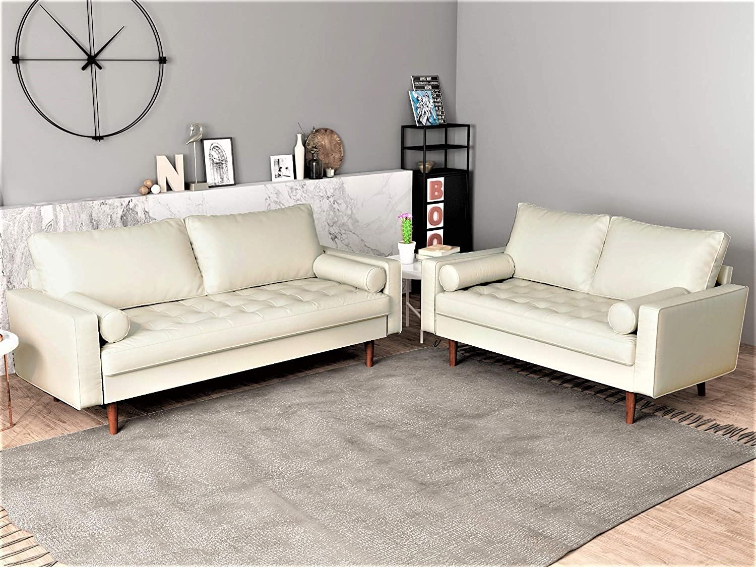 Mid Century Modern Loveseat Sofa - PU Leather Upholstered Tufted Couch with Bolster Pillows | Retro Design for Living Room, Bedroom & Office | White Contemporary Furniture for Small Spaces