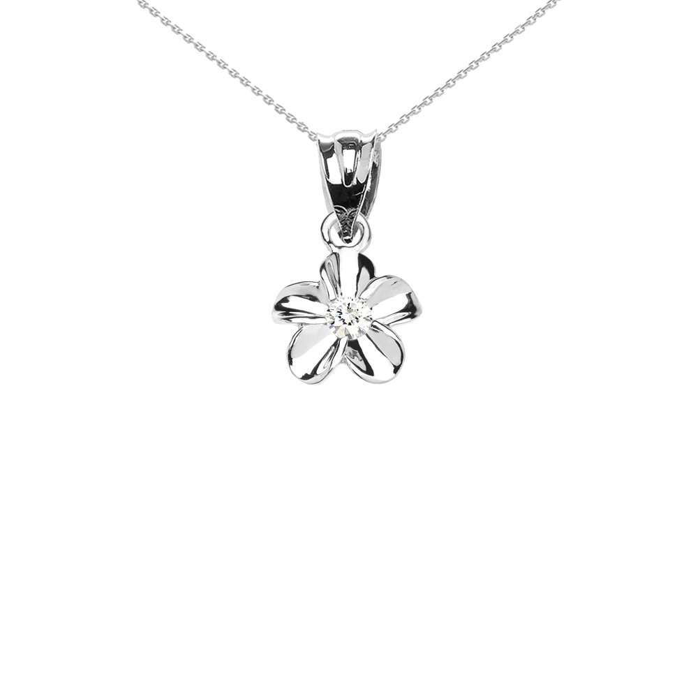 10k White Gold Hawaiian Plumeria Charm Pendant Necklace with White CZ Stones - Elegant Jewelry Gift for Women, Perfect for Beach Weddings, Vacations & Summer Fashion