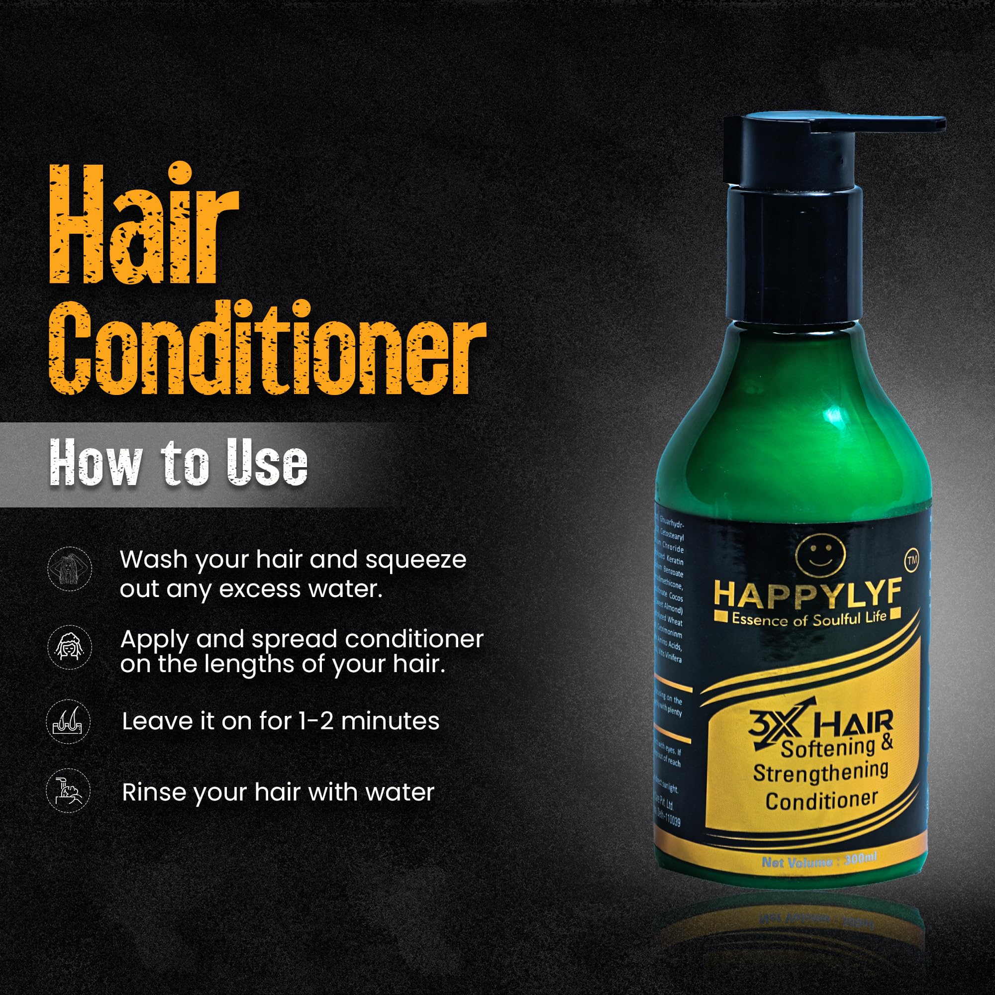 HappyLyf 3x Hair Conditioner for Damaged Hair - Deep Conditioning Treatment with Softening & Strengthening Formula | 300ml | Ideal for Dry, Frizzy Hair Repair at Home or Salon Use