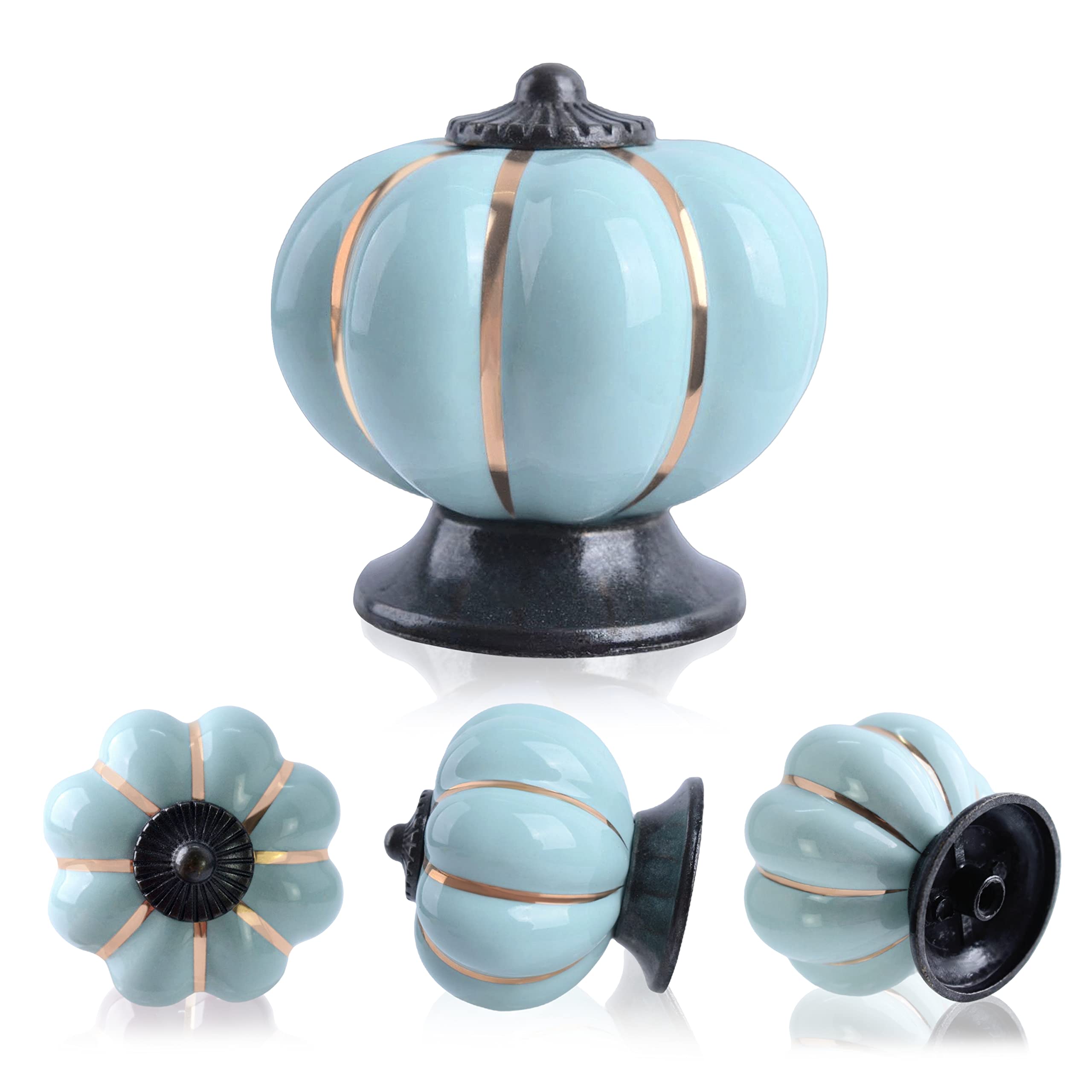 Wolfteeth Fall Decor Pumpkin Cabinet Knobs - Ceramic Drawer Pulls for Kitchen Cabinets & Furniture (Sky Blue, 6-Pack) | Autumn Home Decor, Thanksgiving & Halloween Decorative Hardware
