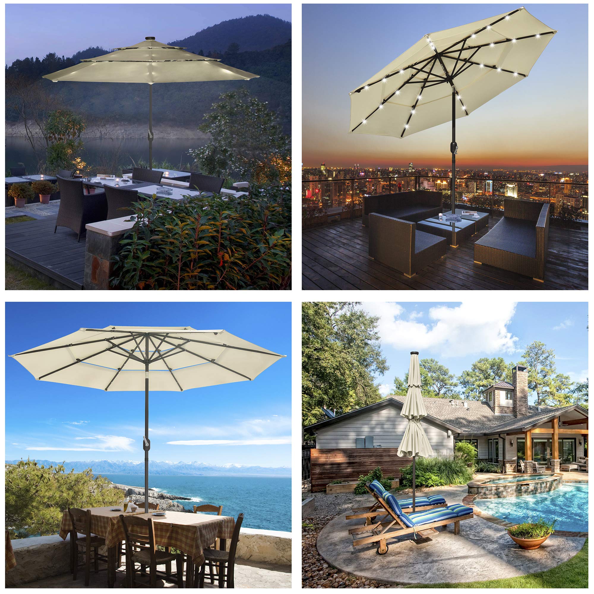9ft 3-Tier Solar LED Patio Umbrella with Crank & Tilt - UV70+ Protection, Aluminum Frame for Outdoor Decks, Gardens & Poolside | Weather-Resistant, Solar-Powered Lighting
