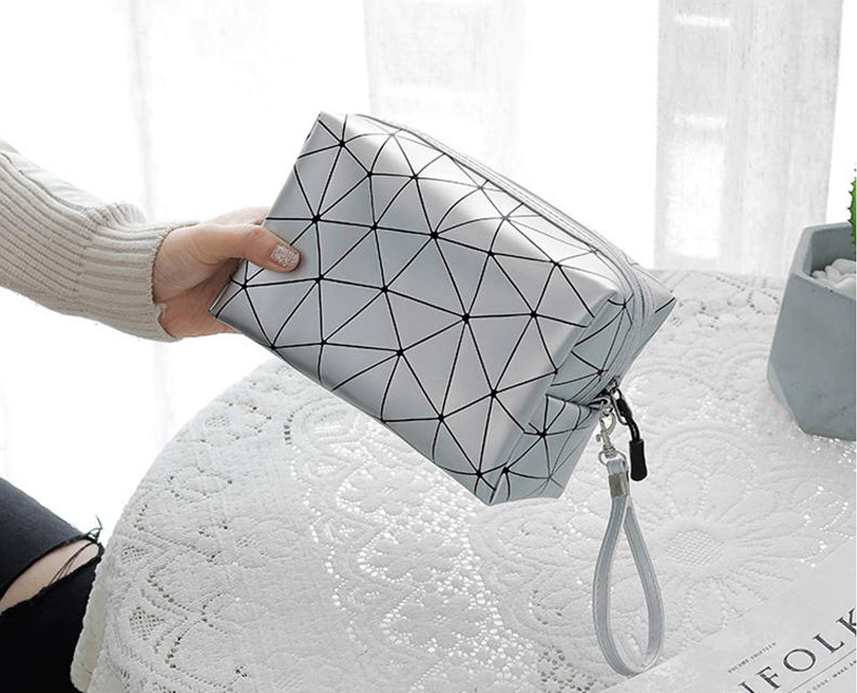 Waterproof Cosmetic Makeup Bag for Women - Travel Toiletry Organizer with Brush Storage Pouch, Silver | Perfect for Travel, Gym & Daily Essentials Organization