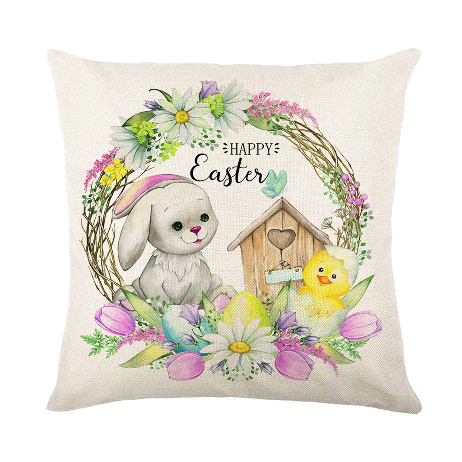 Easter Watercolor Linen Pillow Cover - Rabbit Print Cushion Case for Sofa, Bed, Living Room Decor - Spring Home Decoration & Gift Idea