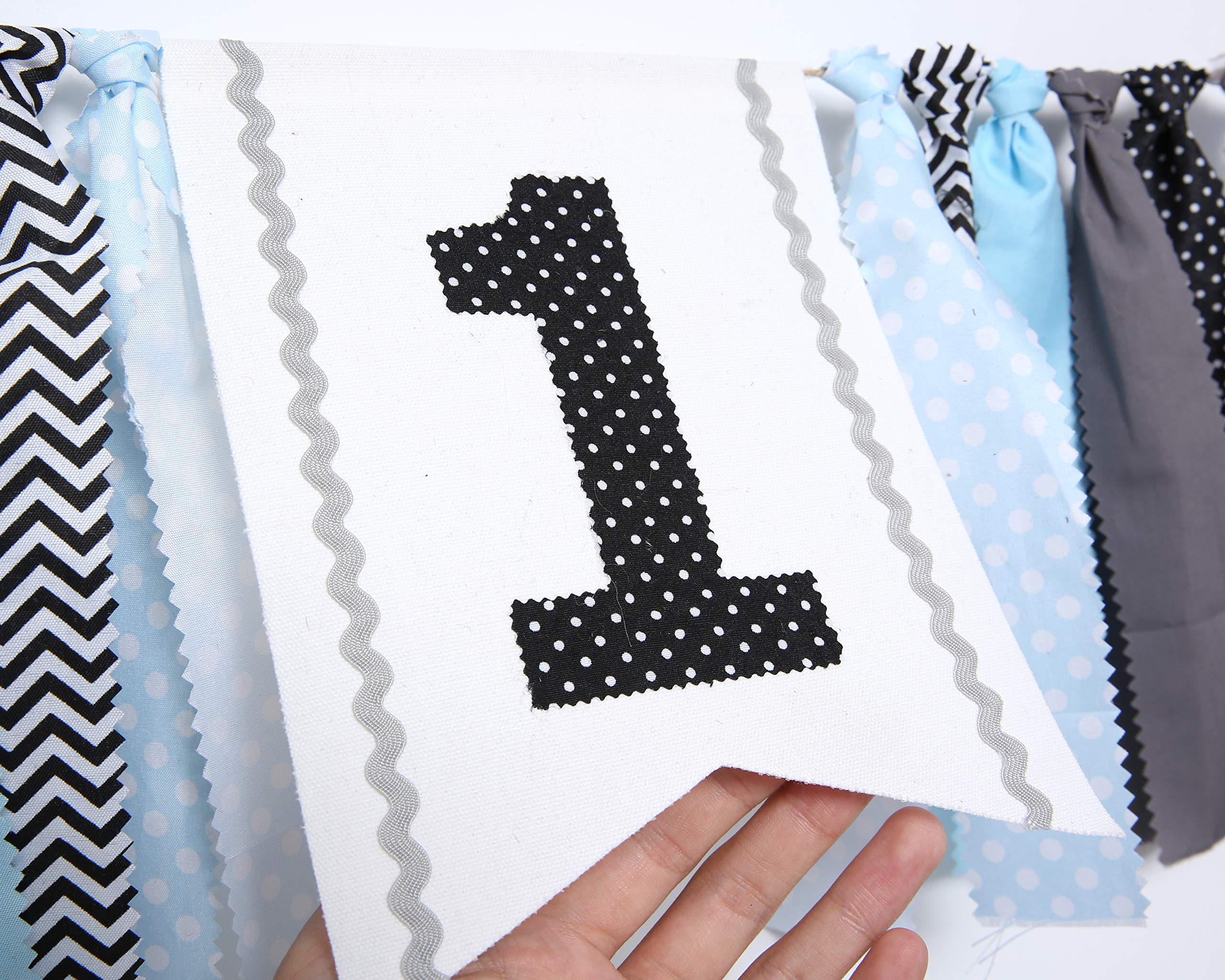 WAOUH 1st Birthday High Chair Banner - First Birthday Party Decorations, Rag Tie Fabric Garland, Photo Booth Props, Birthday Souvenir & Gifts (Black Blue) - Perfect for Baby's Milestone Celebration & Photo Shoots