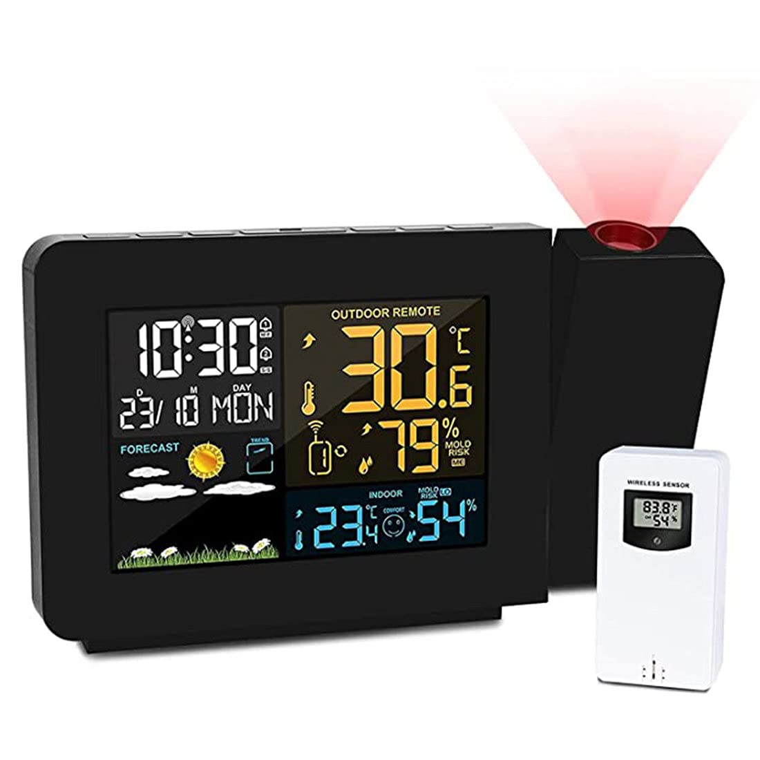 XYEJL Projection Alarm Clock with Ceiling Display - Digital Clock with Indoor/Outdoor Temperature, Dual Alarms, Color Backlight & Weather Forecast - Perfect for Bedroom, Home Office, Kids Room & Nightstand Use