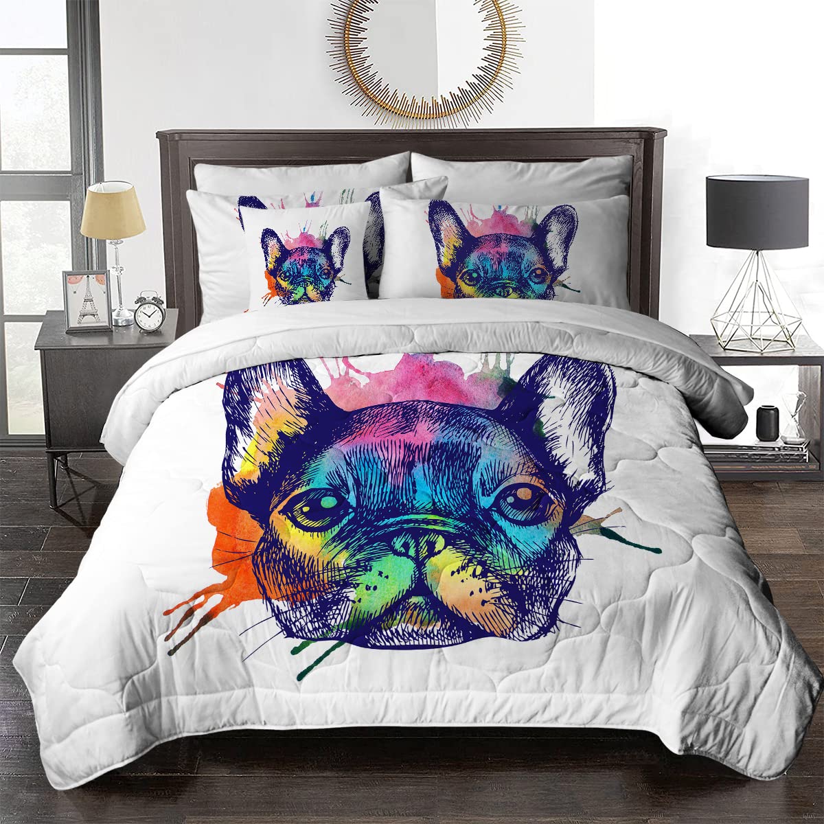 BlessLiving French Bulldog Print 8-Piece King Size Bedding Set - Comforter, Shams, Sheets & Cushion Cover | Abstract Dog Pattern Bed in A Bag | Perfect for Pet Lovers' Bedroom & Guest Room Decor