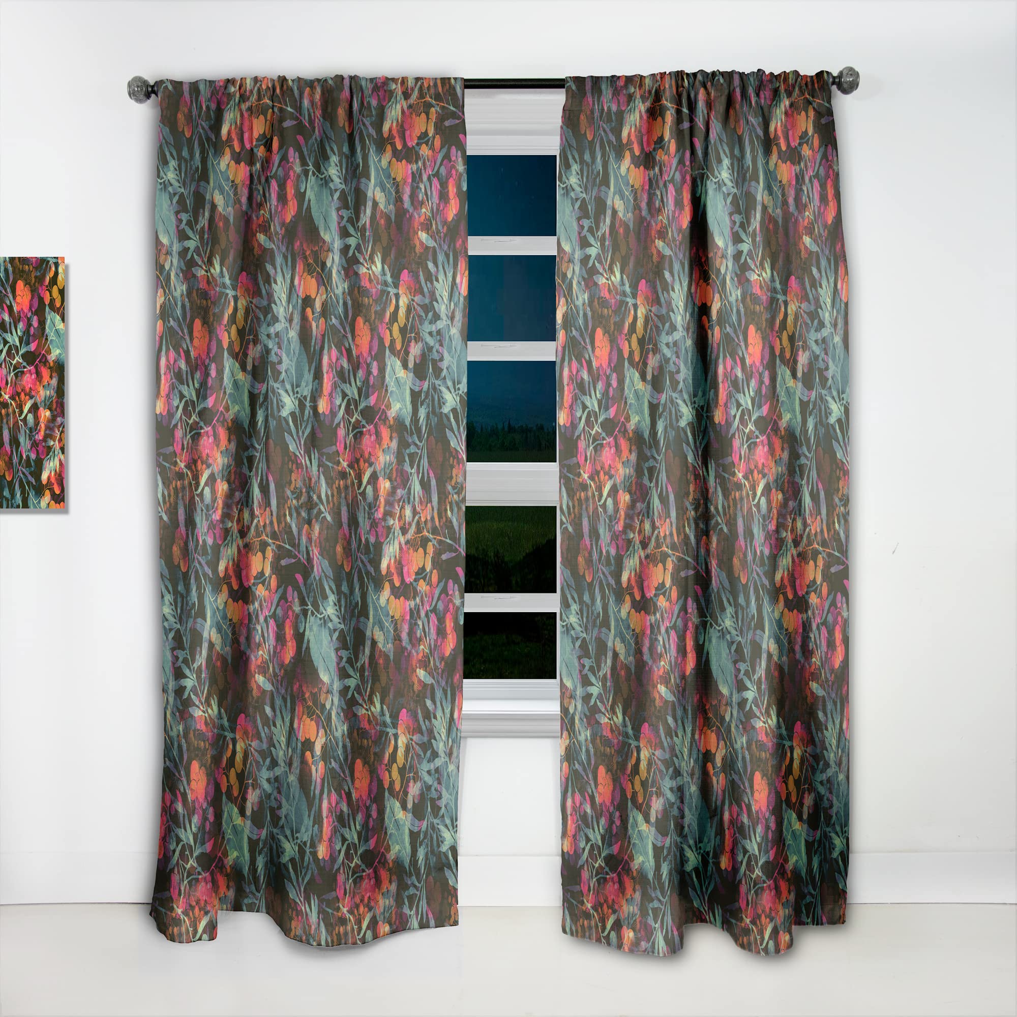 DesignQ Thermal Insulated Curtains - Superimposed Herbs Flowers Leaves & Berries Pattern - 52x120 Inch Single Panel for Bedroom & Living Room | Energy Saving, Blackout Drapes for Home Decor