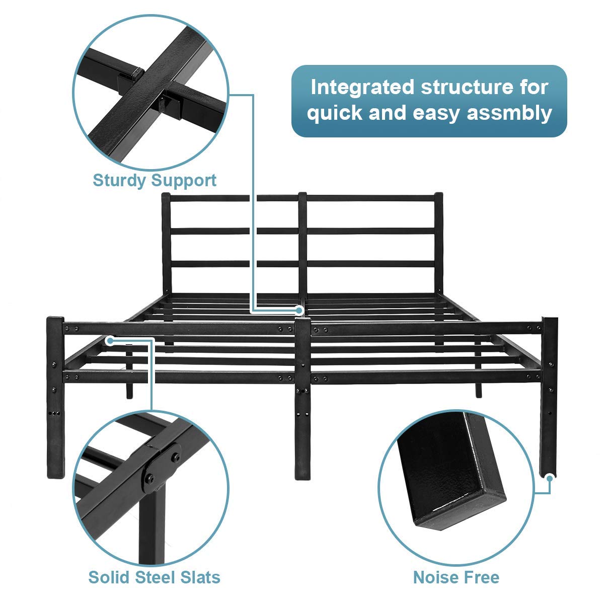 AKSG Full Size Bed Frame with Headboard - 14 Inch Sturdy Metal Platform Bed Frame, No Box Spring Needed, Heavy Duty Steel Slats & Underbed Storage Space - Perfect for Small Bedrooms, Guest Rooms & Dormitories