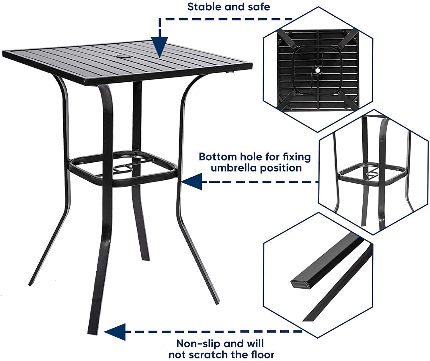Black Metal Frame Patio Bar Table with Umbrella Hole - Outdoor Bistro Height Dining Table with Slat Design for Backyard, Deck & Poolside Entertaining