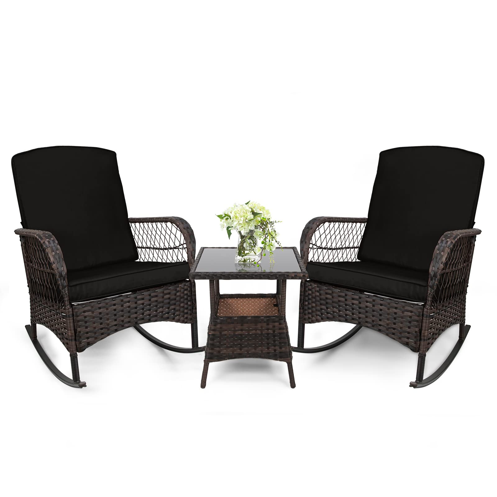 LEVELEVE 3-Piece Outdoor Rocking Bistro Set - PE Wicker Patio Conversation Chairs with Comfortable Rocking Motion (Black) - Perfect for Backyard, Garden, Porch or Poolside Relaxation