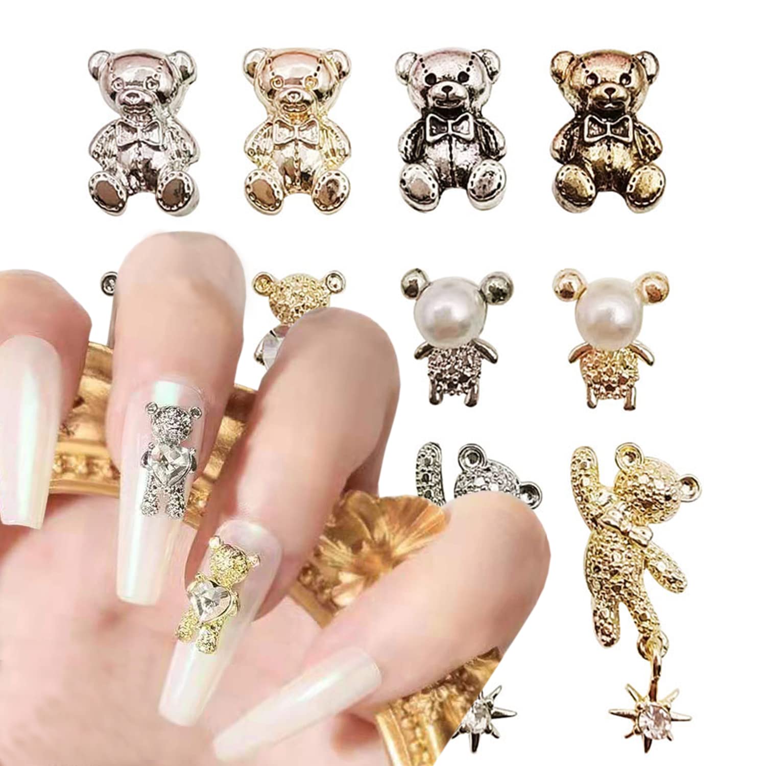 24pcs Gold & Silver Alloy Bear Nail Art Charms - Cute Metal Rhinestone Nail Decorations for Women & Girls - DIY Manicure Jewelry Making Supplies - Perfect for Nail Salon, Party, Wedding & Festival Nail Designs