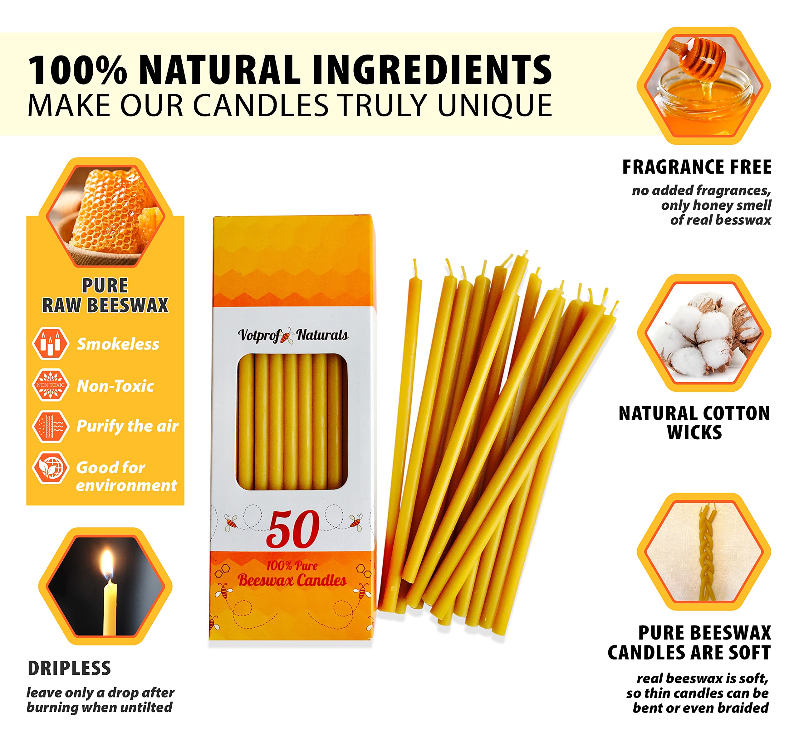500 Votprof 100% Pure Beeswax Taper Candles (6.25 Inches) - Natural Honey Scented, Handmade, Eco-Friendly for Romantic Dinners, Weddings & Home Decor