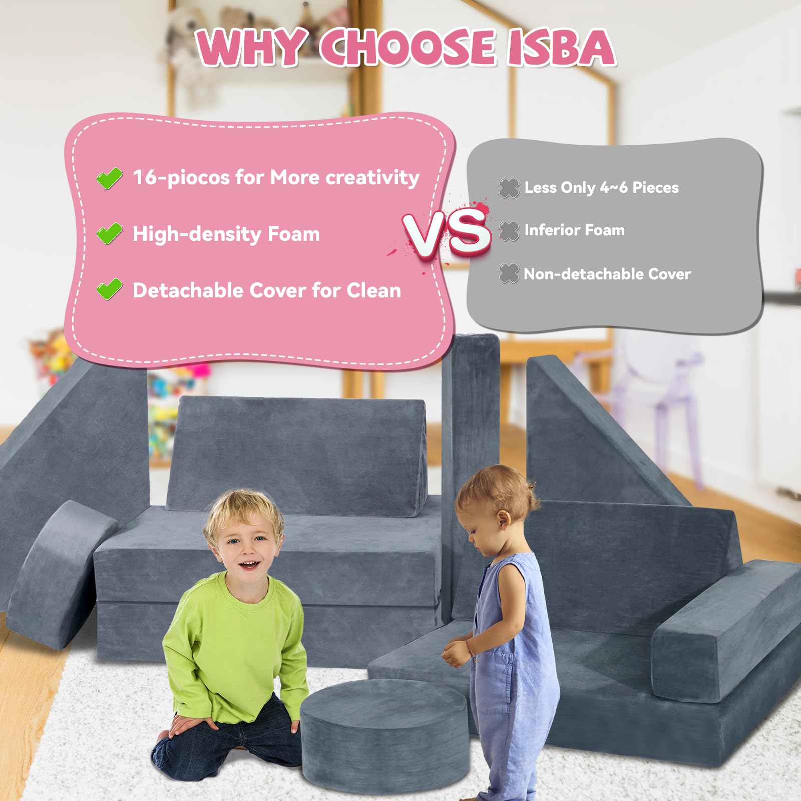 **ISBA 14-Piece Kids Play Couch Modular Sofa Set - Convertible Toddler Foam Couch for Playroom & Bedroom - Grey - Perfect for Fort Building, Lounging & Creative Play**