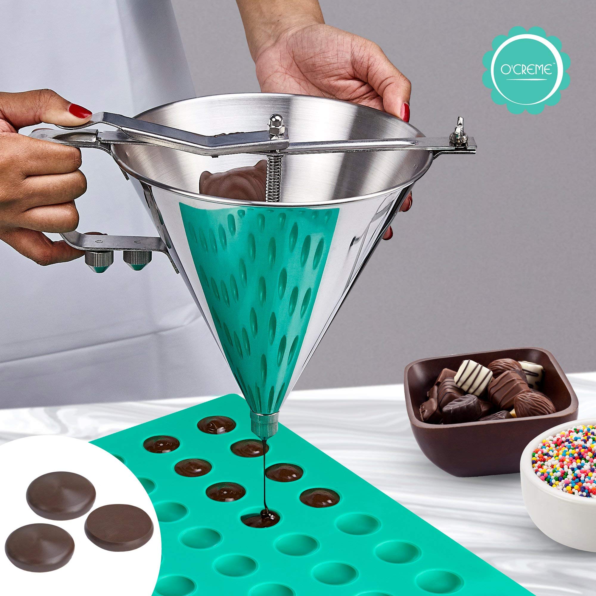 Premium O'Creme Confectionery Funnel with Stand & Silicone Gummy Candy Mold Set - Perfect for Making Chocolate Truffles, Ganache, Jelly, Candy, Pralines, Caramels - Ideal for Home Baking, Candy Making, and DIY Dessert Decorations