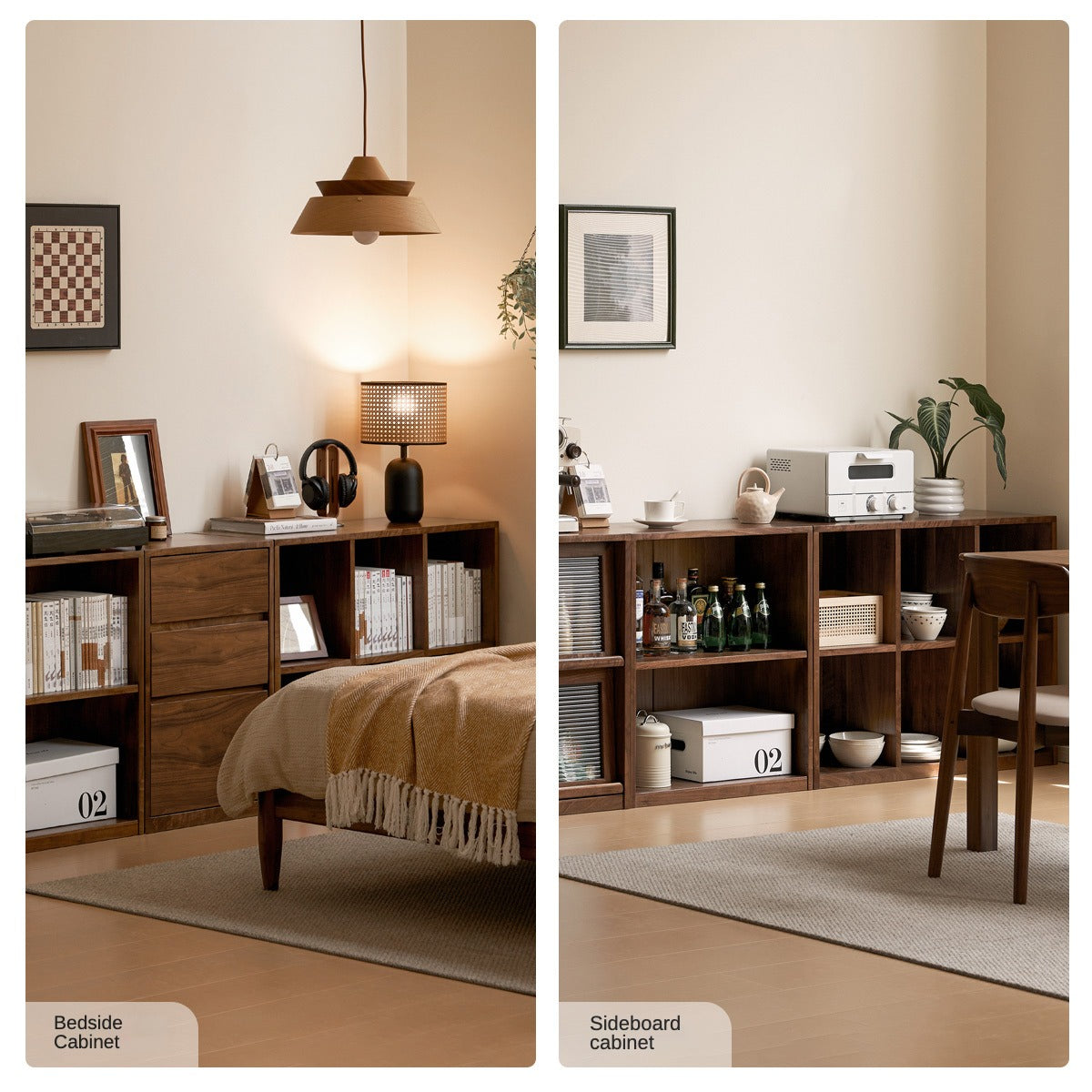 Solid Black Walnut Wood Bookshelf - Low Profile Wall Mounted or Floor Standing Cabinet for Living Room, Bedroom & Home Office Storage